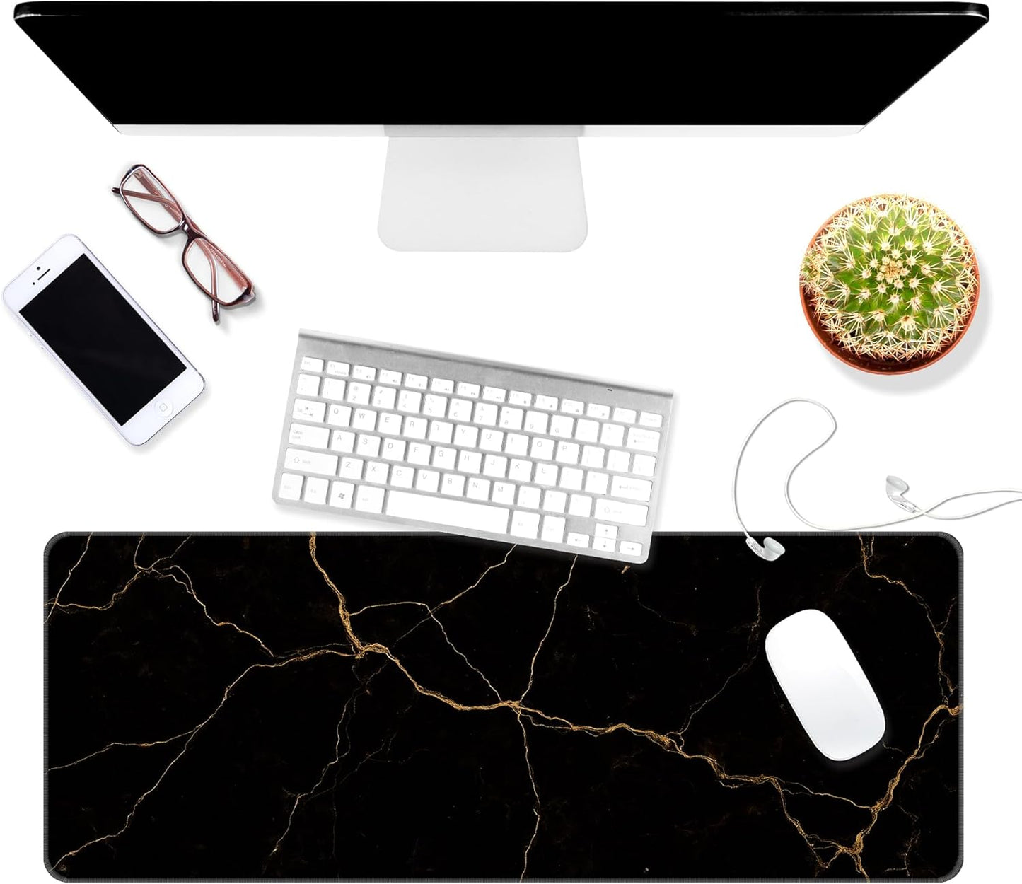 Dynippy Thin Extended Gaming Mouse Pad （31.5 * 11.8 * 0.08 inch） with Stitched Edges Large Mousepad Long XXL Keyboard and Mouse pad Desk Mat for Gaming Office & Home - Black Gold Marble