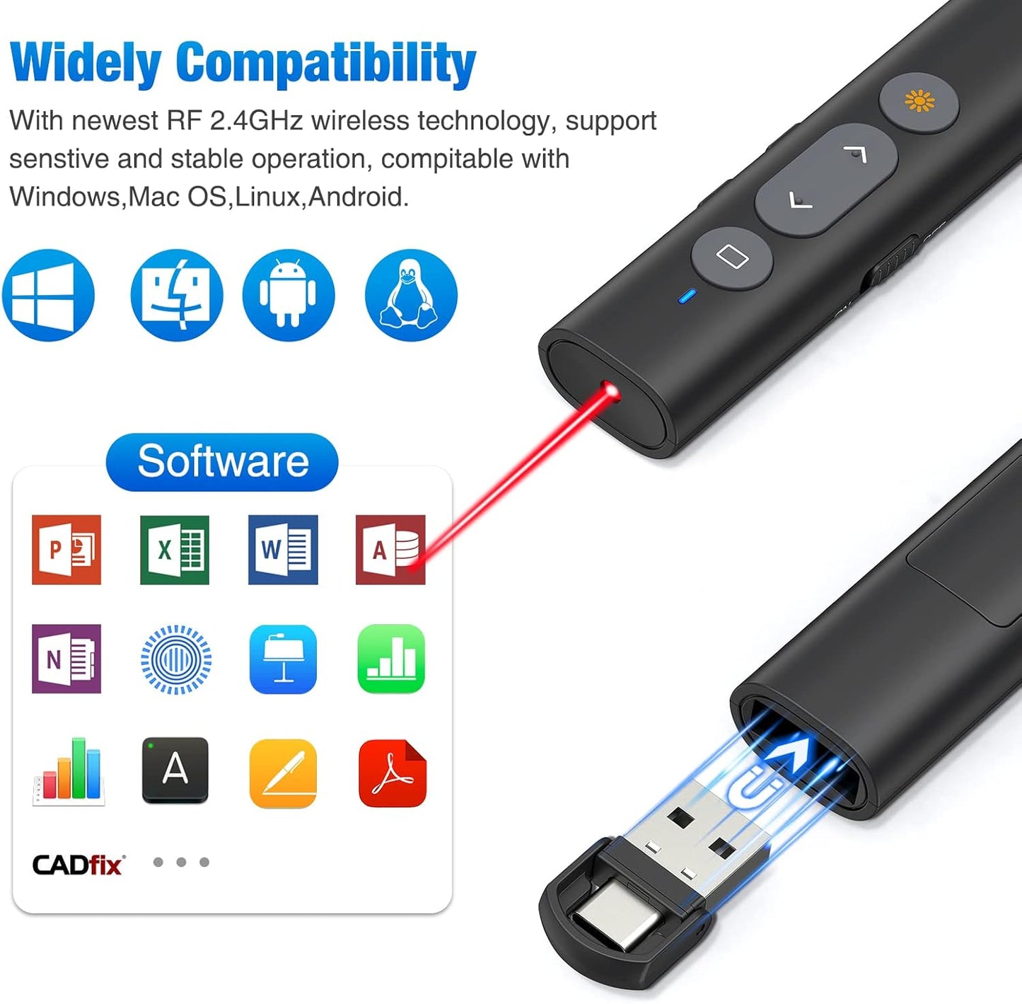 2 in 1 USB Type C Presentation Clicker with Laser Pointer, Wireless Presenter for PowerPoint Presentation PPT Clicker, 2.4GHz Presenter Remote Slide Advancer with Bright Red Laser Pointer