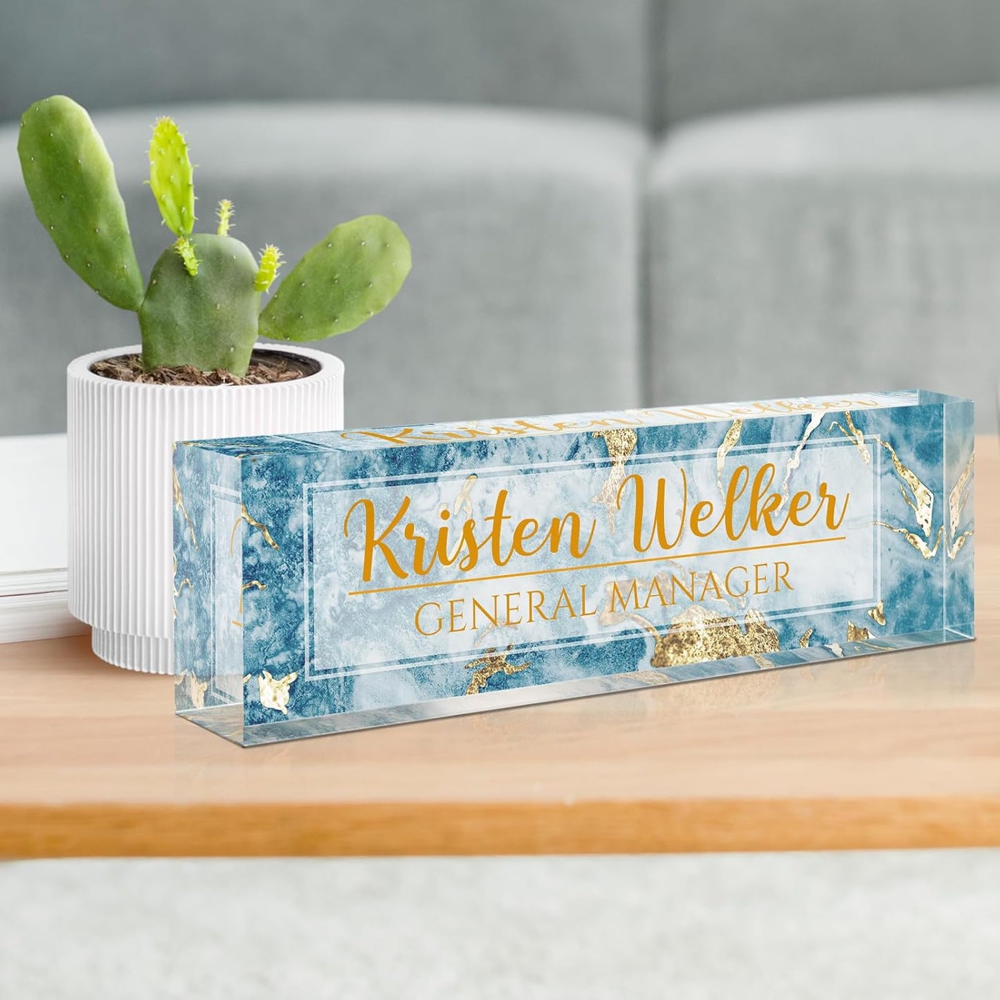 Gowellly Desk Name Plate Personalized - Custom Acrylic Name Plate for Desk - Enterprise Custom Logo/Text nameplates - Employee Appreciation Gifts (Blue Marble)