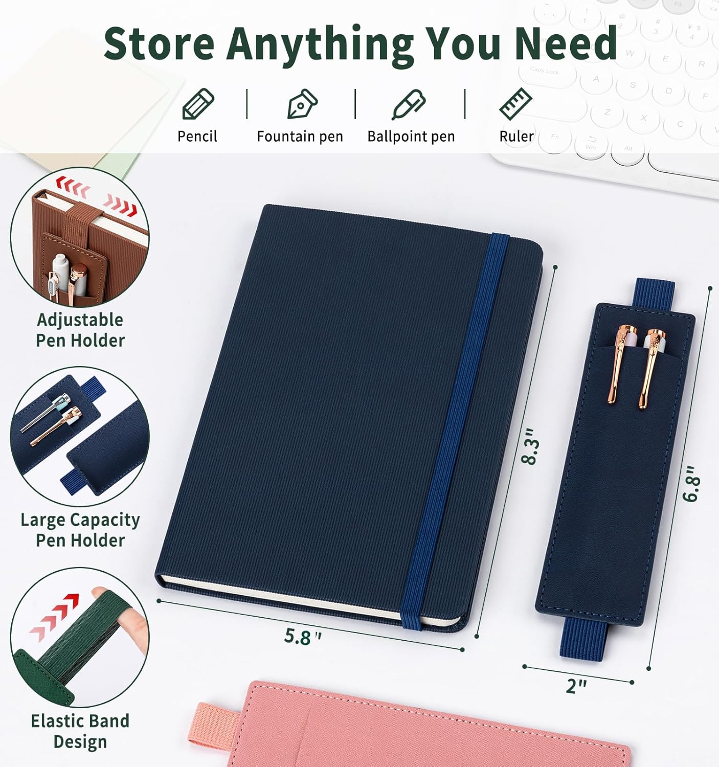 Lined Journal Notebook for Work, A5 Leather Notebook with Pen Holder, 100GSM/160 Pages Thick Paper, Daily Journals for Writing, School, Note Taking, Business, Travel, College Ruled
