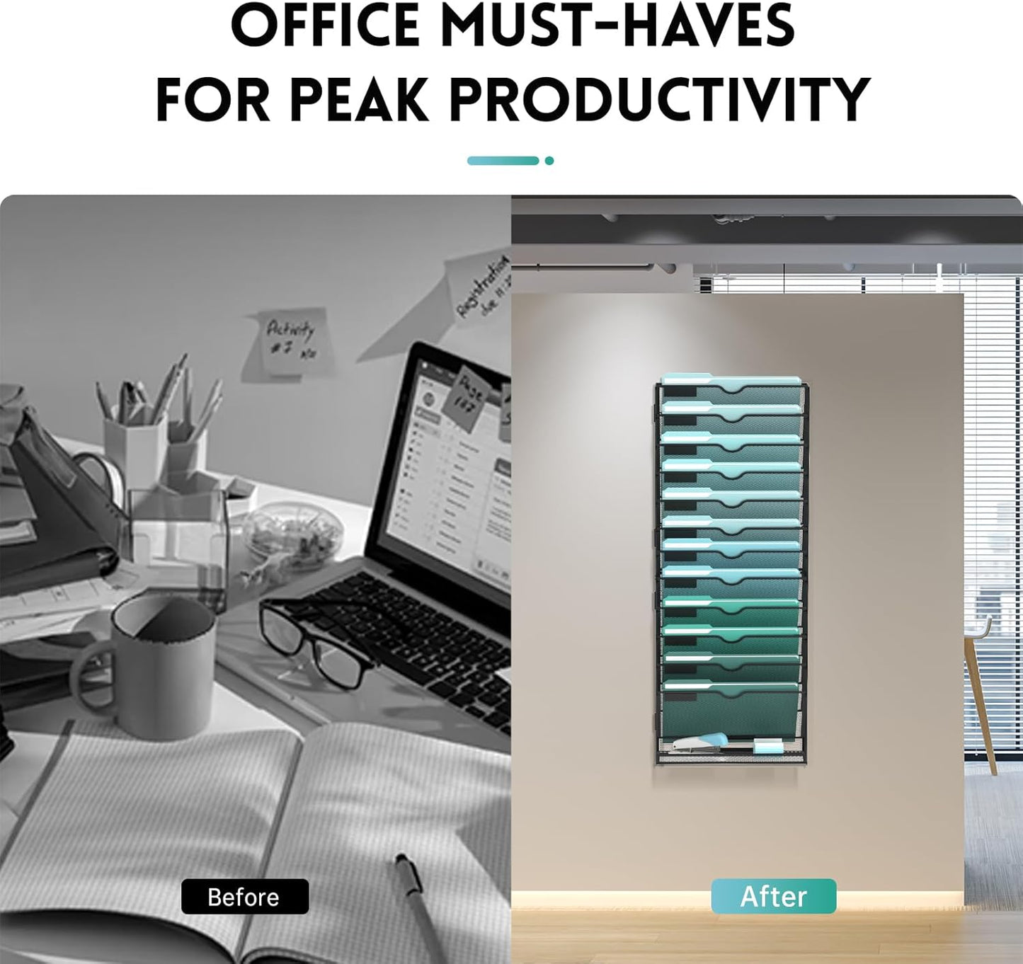 SUPEASY 13-Tier Wall File Organizer, Hanging Wall Files for Papers, Folders, Magazines, Wall Organizer for Clipboard, Assembly Needed, Black