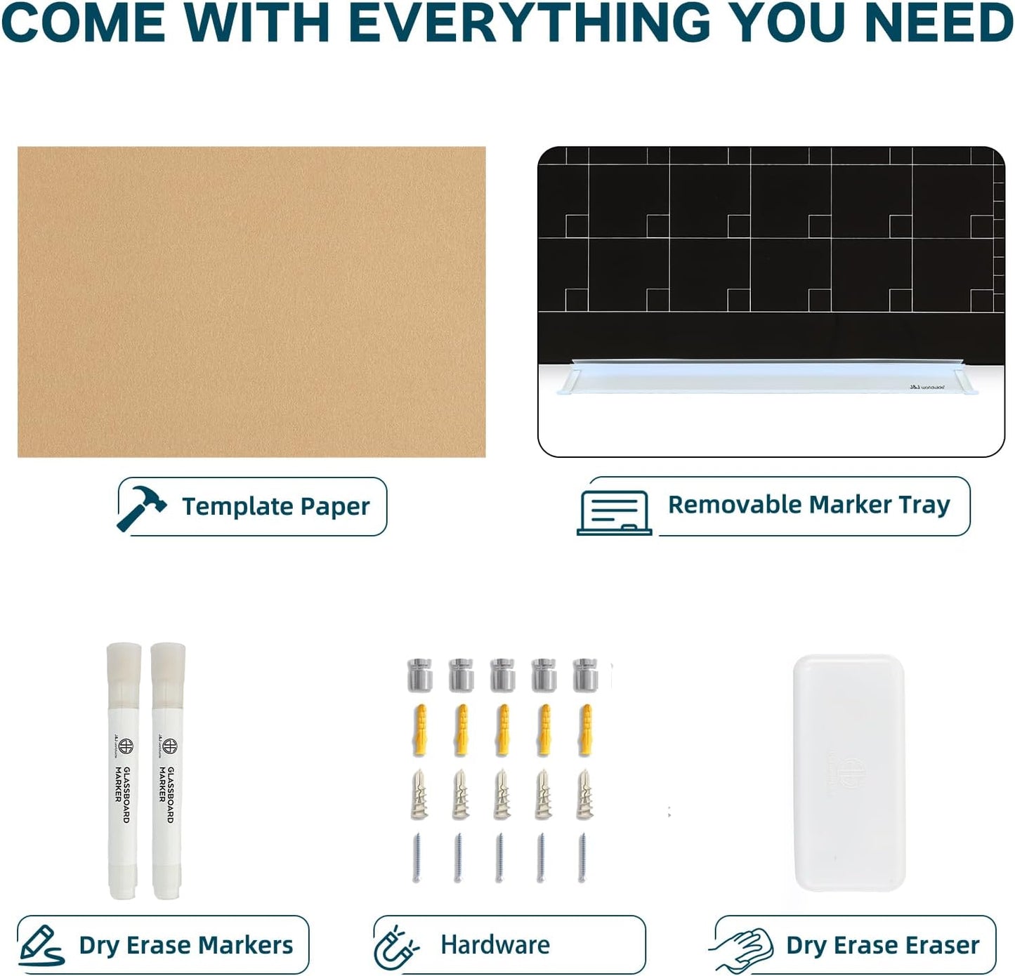 J&J worldwide Magnetic Whiteboard Calendar, 47 x 35 Black Glass Wall Calendar Dry Erase Board Monthly Planner for Home, School, Office, Frameless, with Markers, Marker Tray, Eraser, Magnets