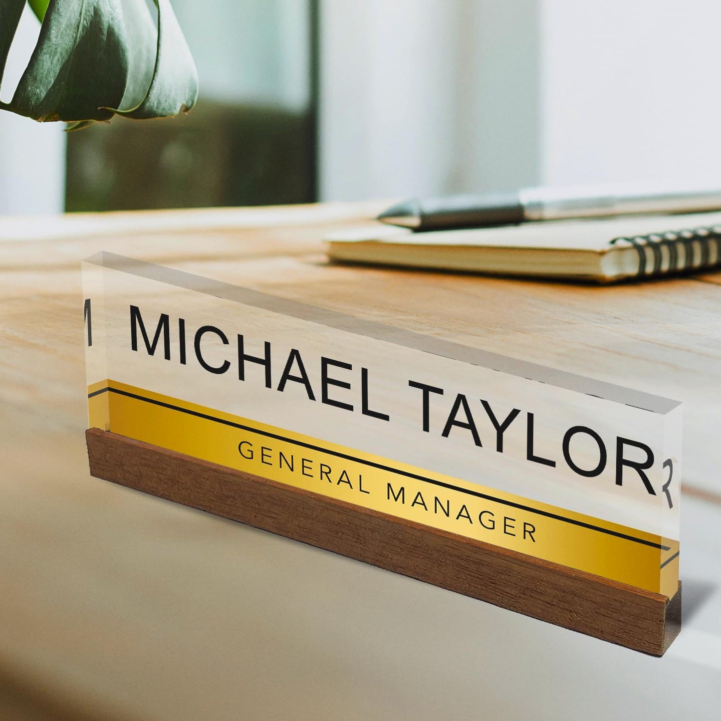 Artblox Personalized Office Desk Name Plate with Business Card Holder | Clear Acrylic Glass with Teak Wood Stand | Gold Stripe Design Customized with Your Name and Credentials Office Desk Décor