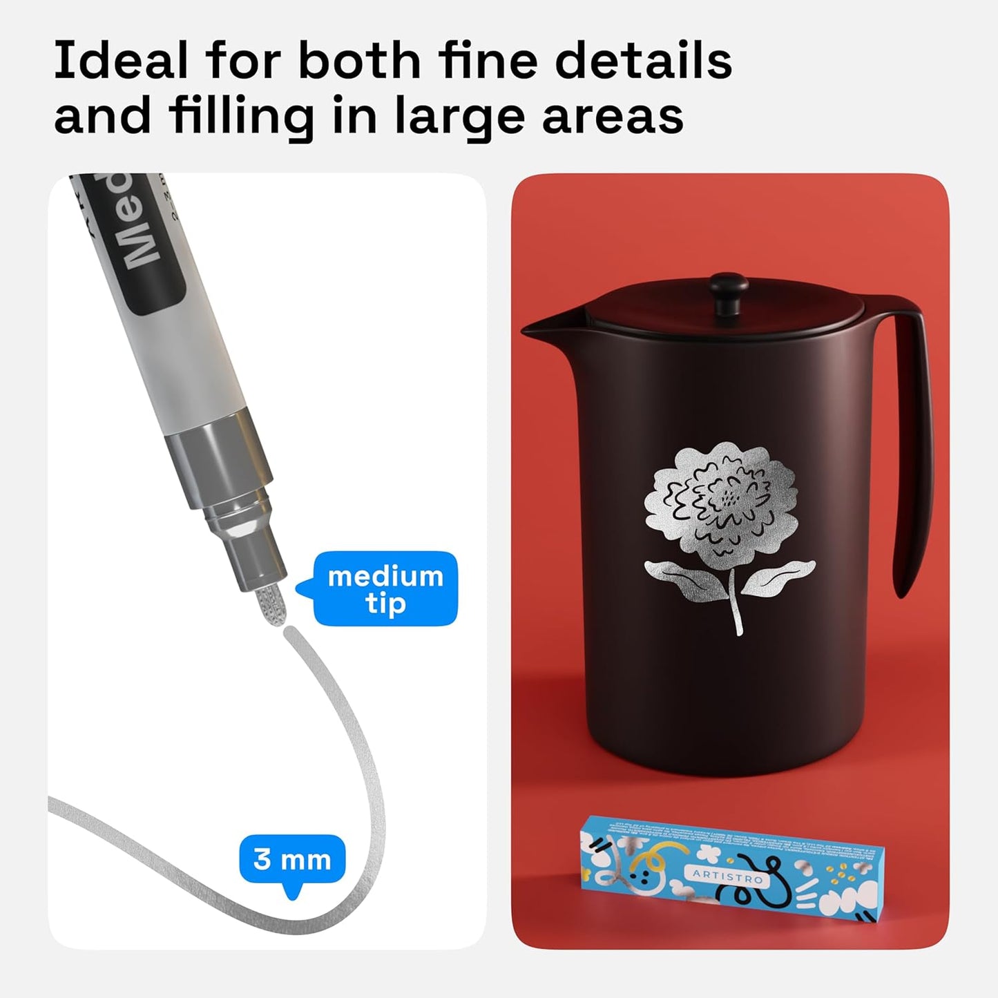 ARTISTRO 2 Silver Acrylic Paint Markers - 3mm Medium-Tip Paint Pens - Perfect for Crafting, Art Projects, & More