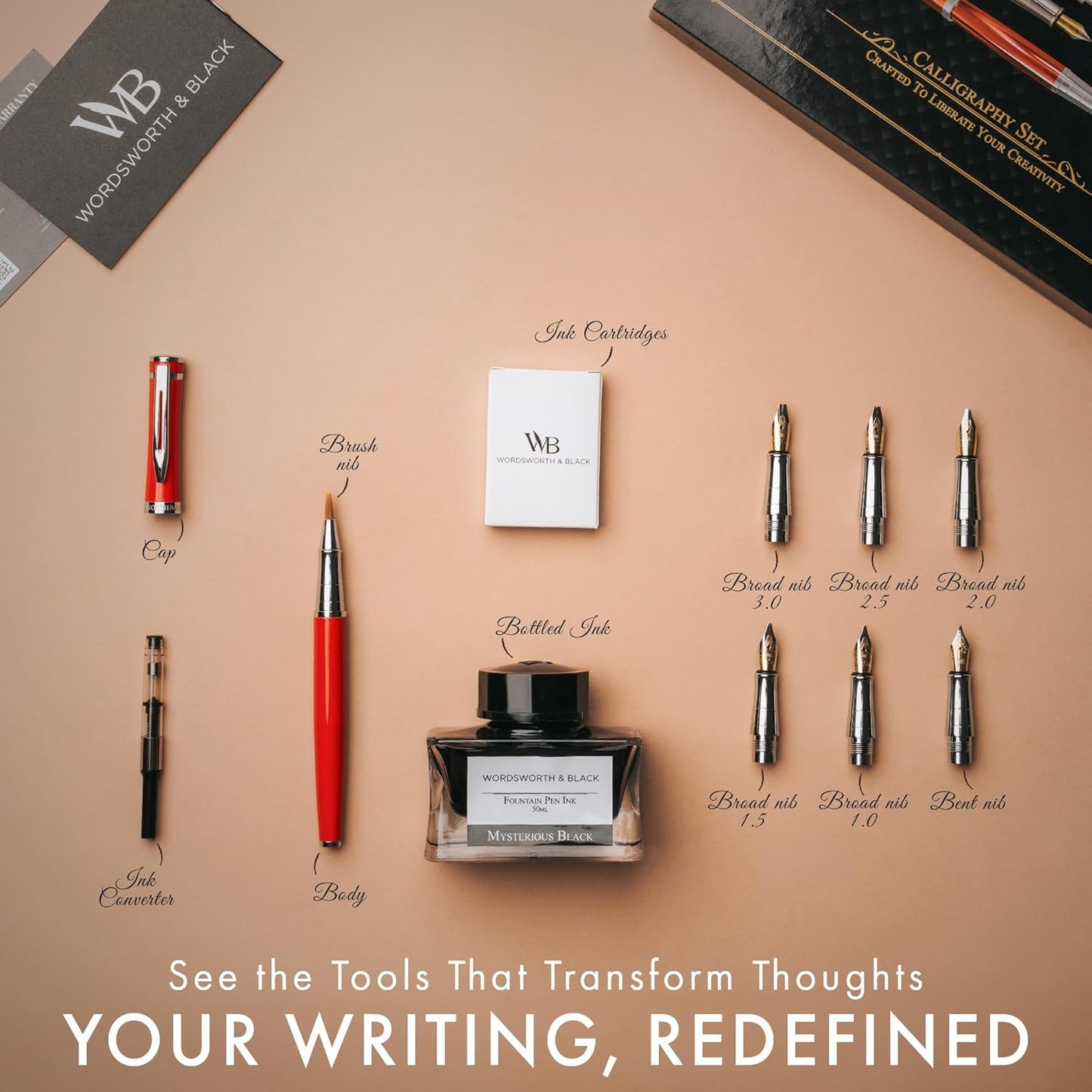 Wordsworth & Black Calligraphy Pen Gift Set, Includes Bottle, 6 Cartridges, Refill Converter, 6 Replacement Nibs, Premium Package, Journaling, Smooth Writing Pens [Red Chrome]
