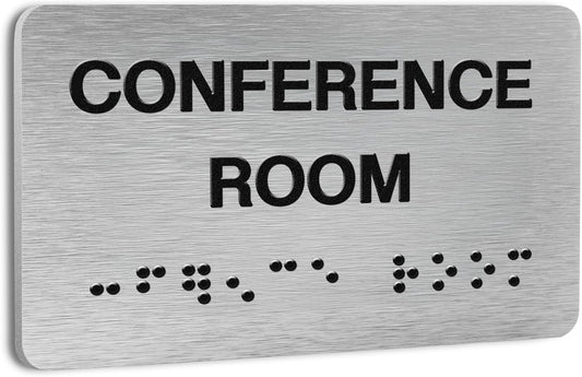 Conference Room Signs for Business and Office Sign, ADA Signs with Raised Text & Grade 2 Braille, Easy Installation with Adhesive Pad – Brushed Aluminum/Silver