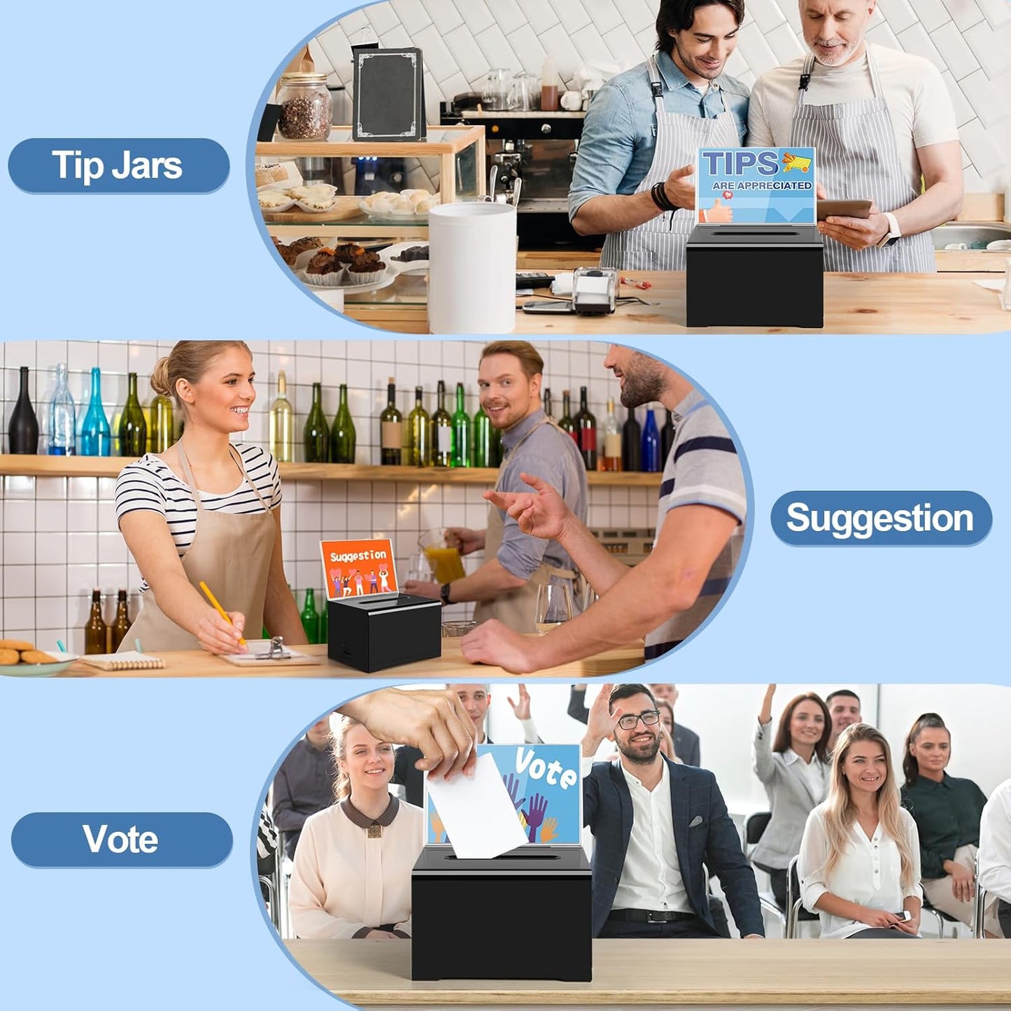 Polmart black Donation Box with Lock - Secure Ballot Box with Removable Sign Holder & 2 Keys - for Money, Cards, Votes, Tickets, Feedback Collection (4.75"D x 6.29"W x 8"H)