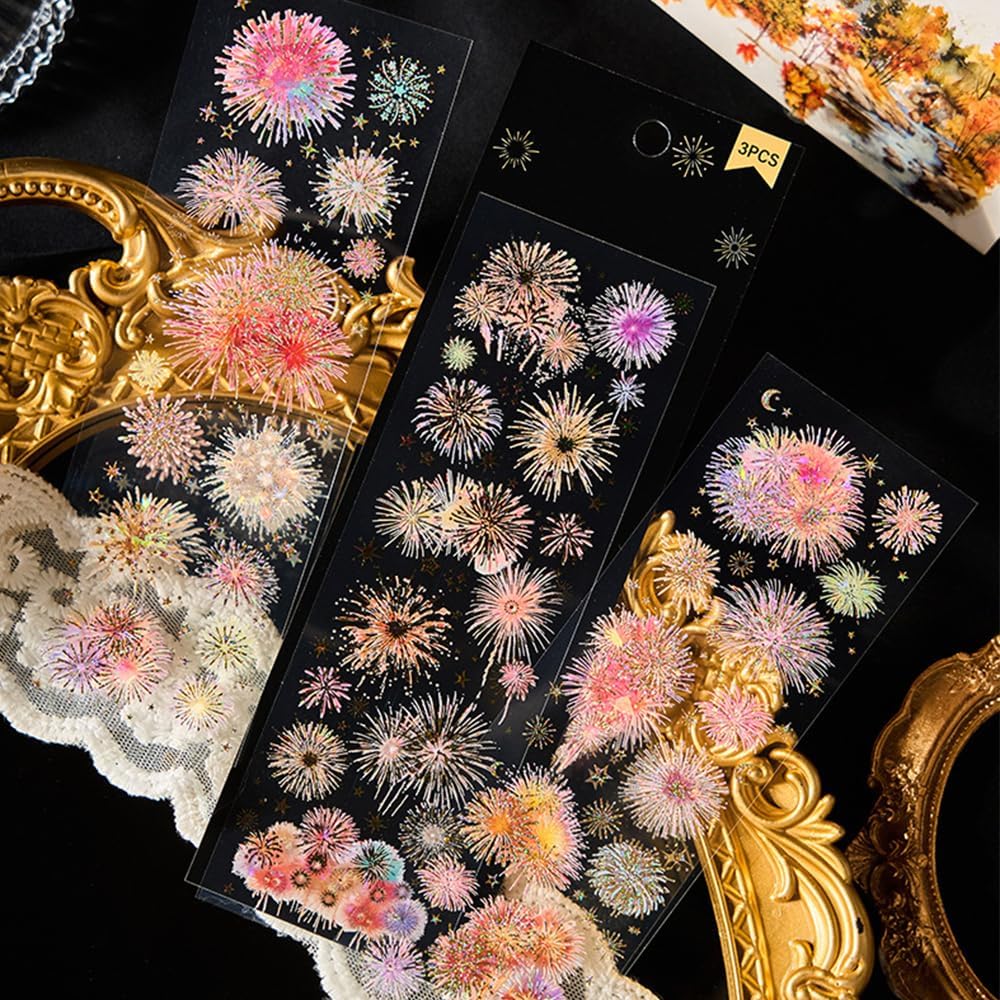 12 Sheets Fireworks Landscape Stickers for Scrapbooking Scrapbook Stickers Aesthetic Glitter Sticker Sets PET Transparent Sticker for Journaling Journal Supplies Decals for Scarp Booking Supples Kit