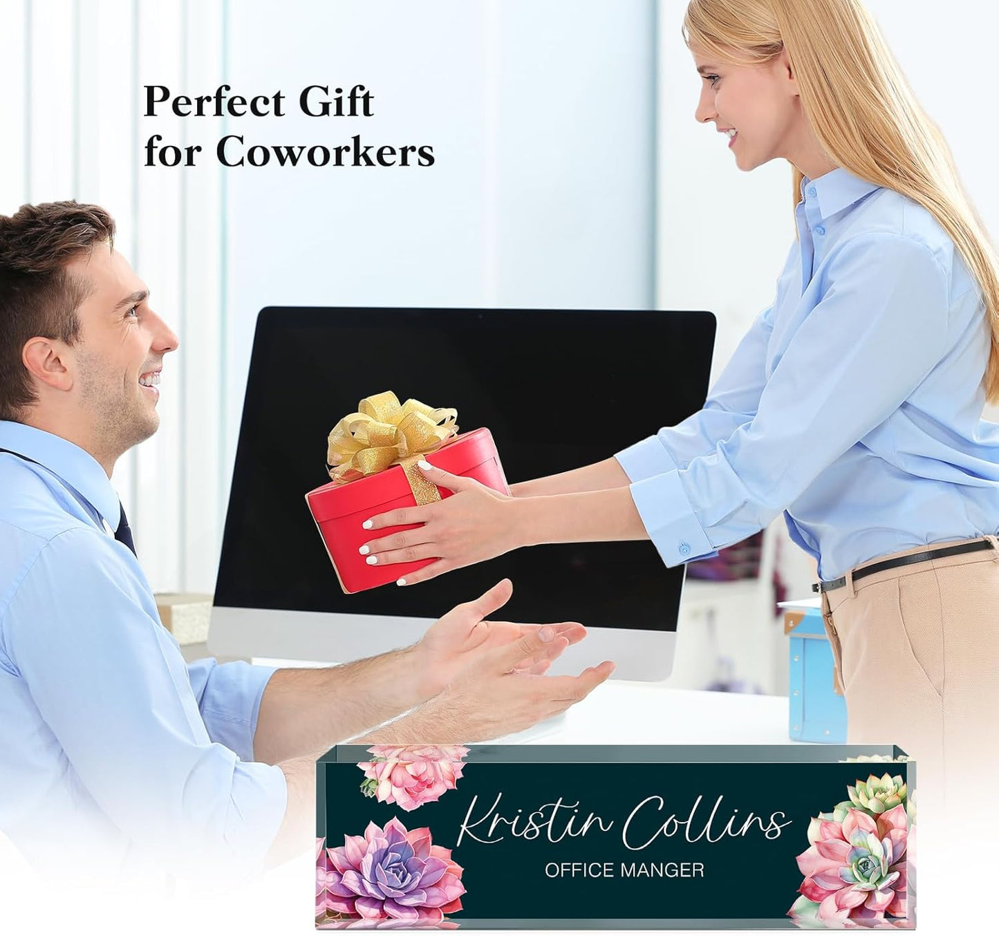 Custom Name Plate for Desk, Acrylic Office Decor For Women Men, Personalized Office Desk Accessories, Teacher Employee Appreciation Gifts For Social Worker Boss Coworkers (Succulent 2)