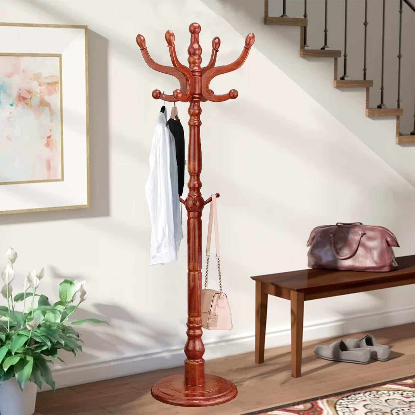 Wooden Coat Rack, Heavy Duty Coat Rack Freestanding with 11 Smooth Hooks, Coat Tree, Vintage Clothes Hanger Stand with Stable Disc Base for Bedroom, Entryway, Office-Load 180lbs (Light Brown)