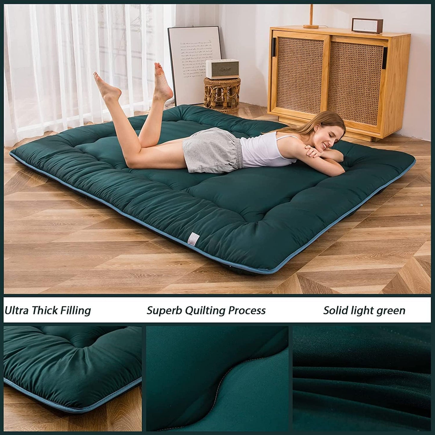 MAXYOYO Japanese Floor Mattress Futon Mattress, Thicken Sleeping Pad Foldable Roll Up Floor Futon for Adults Tatami Mat Dormitory Bed Lounger, Dark Green, Queen Size