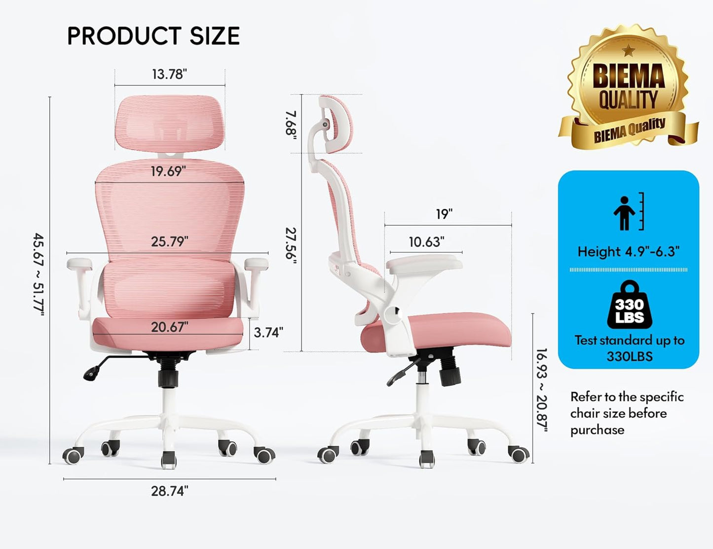 TRALT Office Chair - Ergonomic Office Chair with Back Support, Computer Chair - Home Office Desk Chairs, 330lbs Wide Seat Big and Tall Office Chairs with Headrest, Comfy Desk Chairs (Pink)