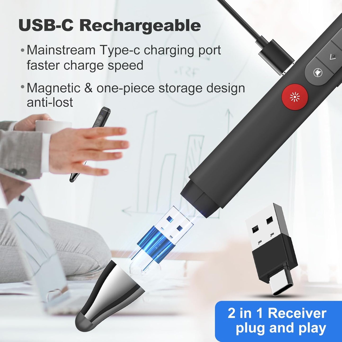 Presentation Clicker with Stylus Pen for Touch Screen, Clicker for Powerpoint Presentations, Computer Wireless Presenter Powerpoint Clicker with Laser Pointer for Presentations Remote Smartboard