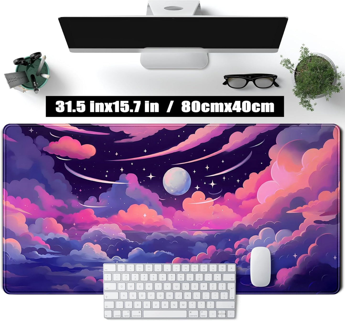Pastel Pink Purple Clouds Moon Mouse pad Desk Mat, Cute Space Deskmat XXL Large Extended Mousepad Gaming Desk Pad, Big Laptop Computer Keyboard and Mouse Pad Mat for Women Office Decor 31.5x15.7 in