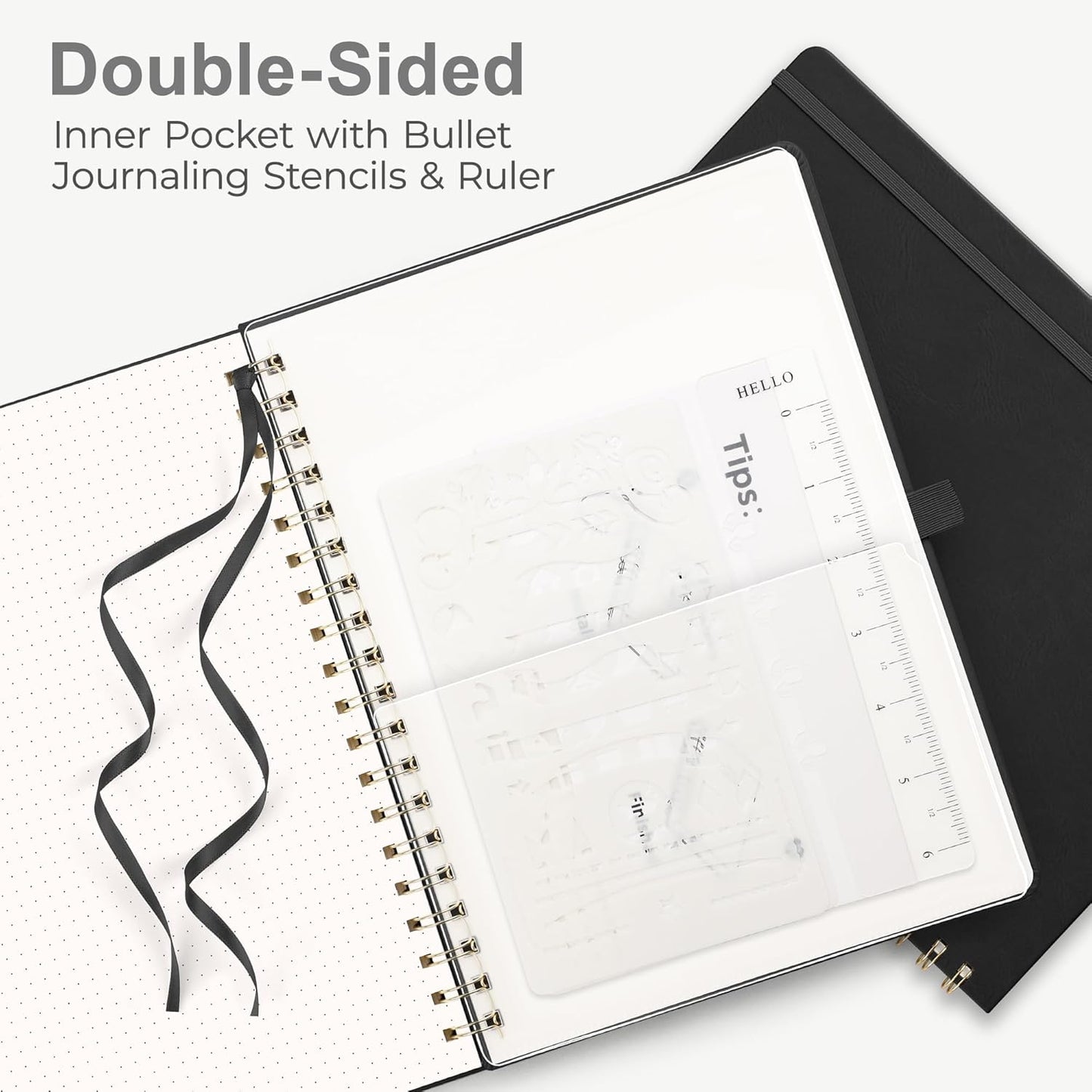 RETTACY Bullet Dotted Journal Notebook, 110 Pages, A4 Medium Size (8.5" × 11"), Leather Hardcover, 100 GSM Thick Paper, Spiral-bound, for Bullet Journaling, Planning, Tracking (Black)