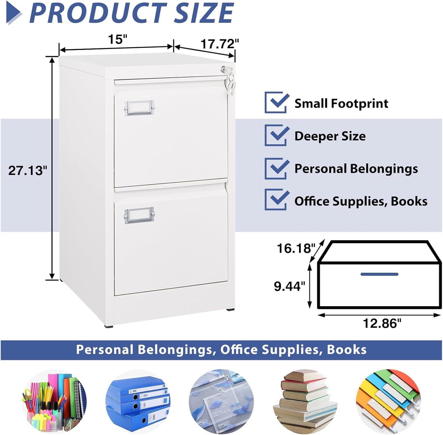 2 Drawer File Cabinet, Filing Cabinets for Home Office, Metal Vertical File Storage Cabinet with Lock, Locking File Cabinet for A4 Legal/Letter, 15" W x 17.7" D x 27.1" H, Assembly Required