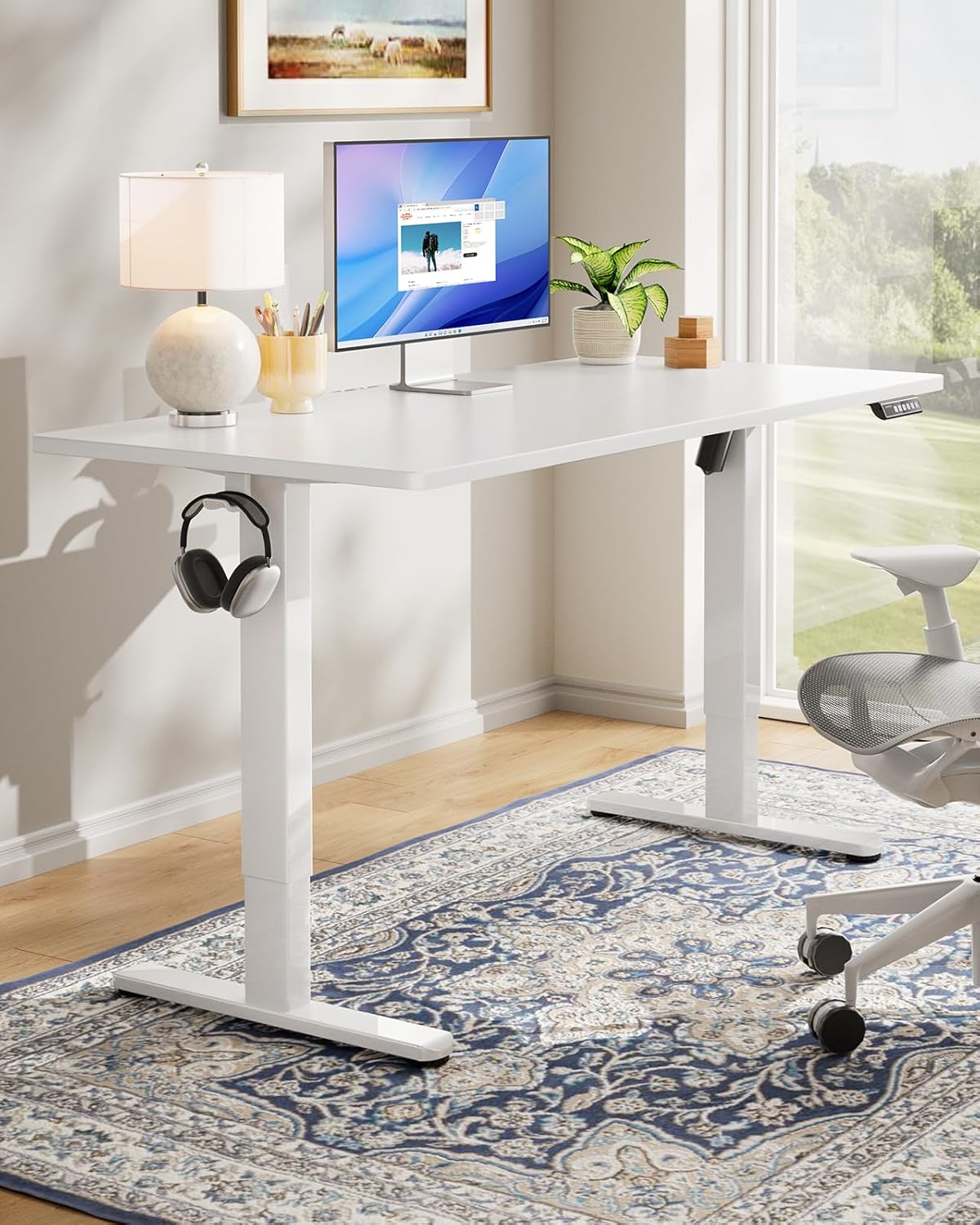 HUANUO Electric Standing Desk, 60" x 24" Whole Piece Desktop, Adjustable Height Computer Desks, 4 Height Memory Settings, Sit Stand Up Desk for Home Office, Light Vintage