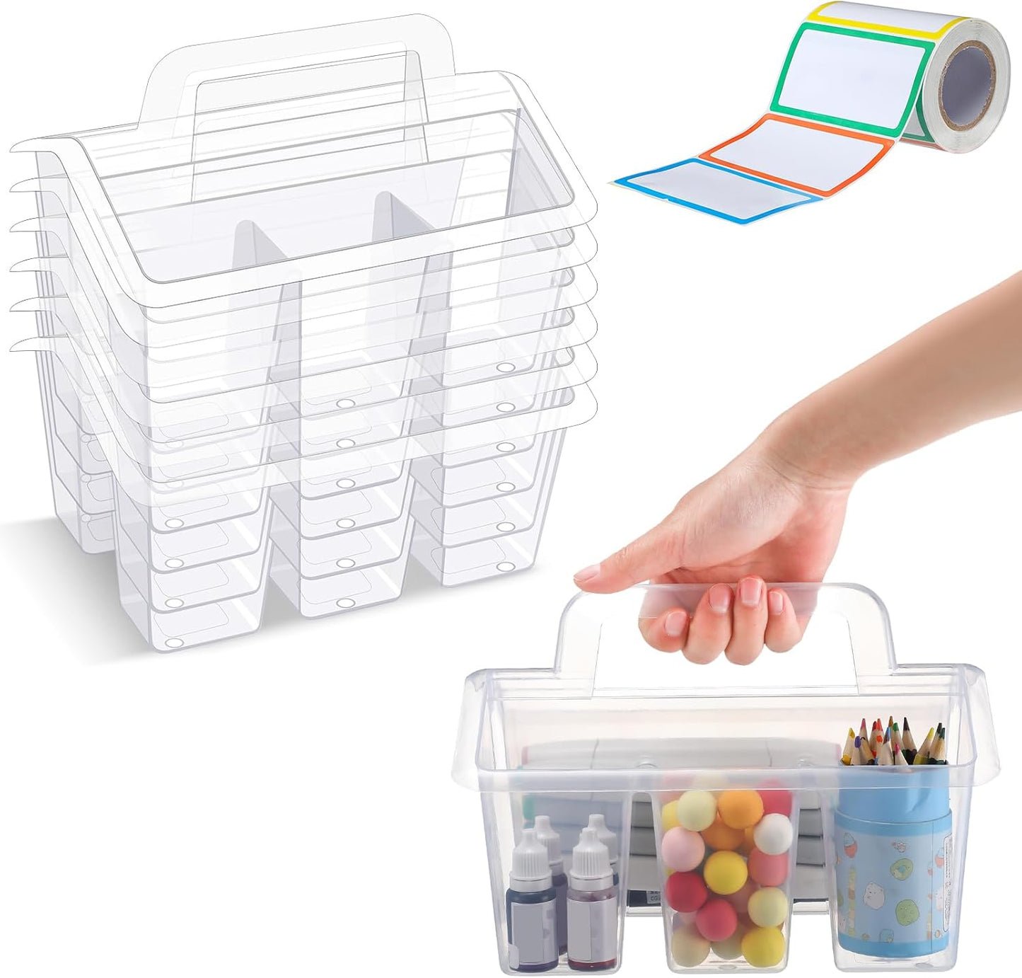 Maitys Classroom Storage Caddies with 4 Compartment Portable Plastic Storage Caddy Organizer with Built in Handles and Colorful Stickers Crayon Caddy Small Utility Caddy for Classrooms Office (6 Pcs)