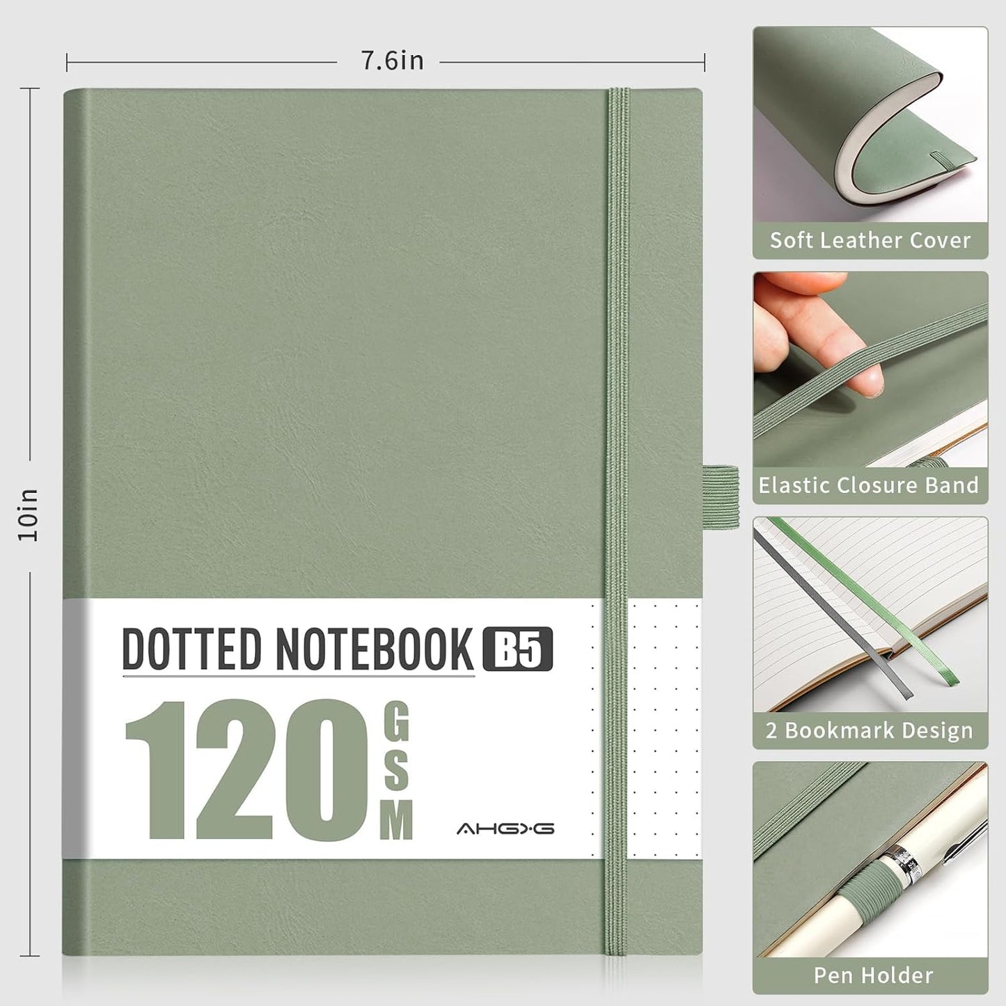AHGXG Bullet Dotted Journal - Dot Grid Notebook Journal, 120 GSM Thick Acid-Free Paper, Large B5 Dotted Notebook 96 Pages, Leather Softcover, Inner Pocket, Journal Stencil, 7.6'' X 10'' - Sage Green
