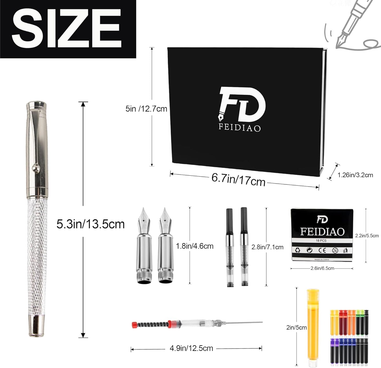 FEIDIAO Calligraphy Fountain Pen Set Deluxe Pen for Writing with 18 Ink Cartridges,Replacement Fine Nib,Ink Converter,Syringe Filler,Calligraphy Pen for Beginner Men Women