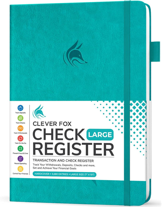 Clever Fox Check Register Book - Deluxe Transaction Register, Accounting Ledger Book, Checkbook Register & Checking Account Register Book for Personal and Work Use, Large Size, 7x10” - Turquoise