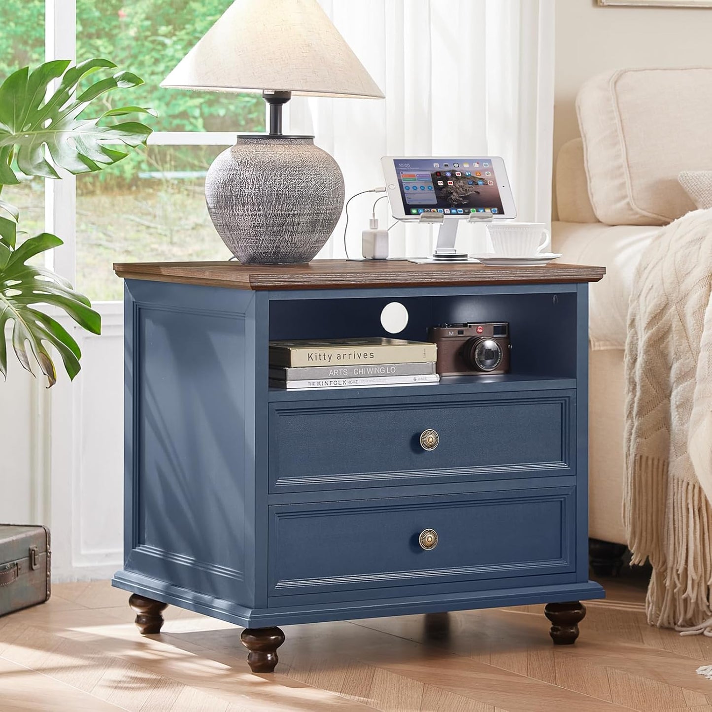 24" Wide Farmhouse Nightstand with Charging Station, End Table with 2 Drawers, Blue Wood Dresser for Bedroom Cabinet, Bed Side Table Chest of Drawers, Night Stand for Living Room, Closet