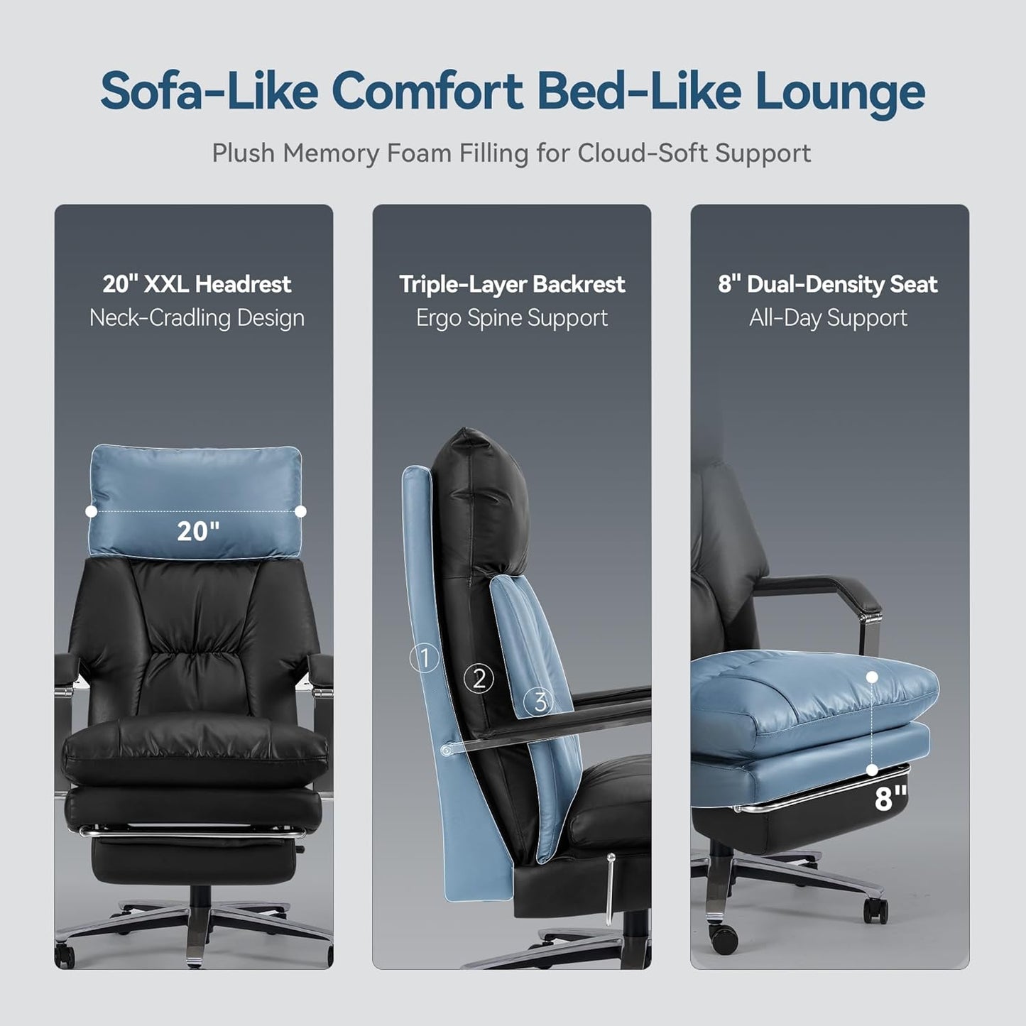 Reclining Office Chair with Footrest - 25.6" Wide Seat & Adjustable Seat Depth, Big and Tall High Back Leather Executive Home Office Desk Chair 400lbs, Black