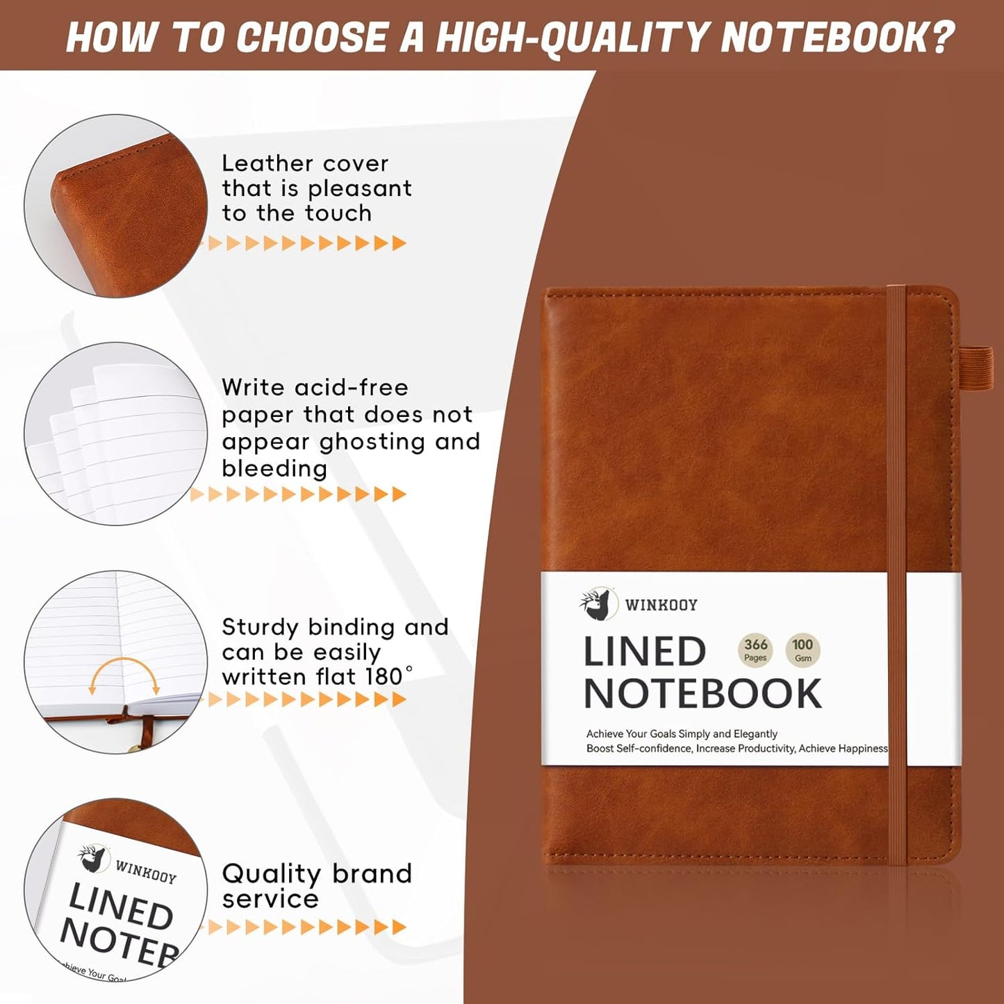 Lined Journal Notebook, 366 Pages, 100Gsm Leather Hardcover Journals for Writing Thick A5 College Ruled Classic Notebook with Pen Loop, Daily Journal for Women Men Travel Business Work Office