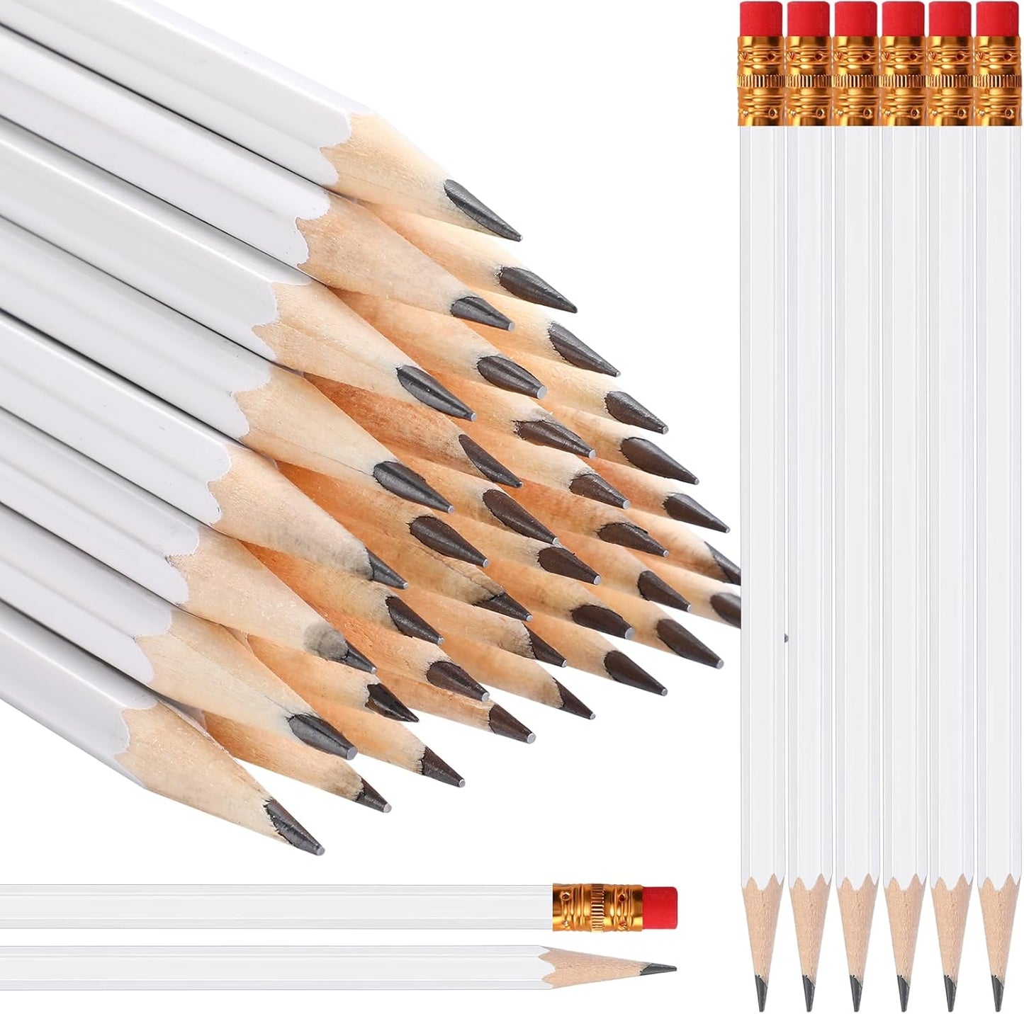 TecUnite 60 Pcs HB Pencils #2 Unsharpened Wood Cased Pencils with Eraser Hexagonal Pencil Cute Graphite No 2 Pen for Adults Gifts Exam School Office Sketching Learning(White, Gold)