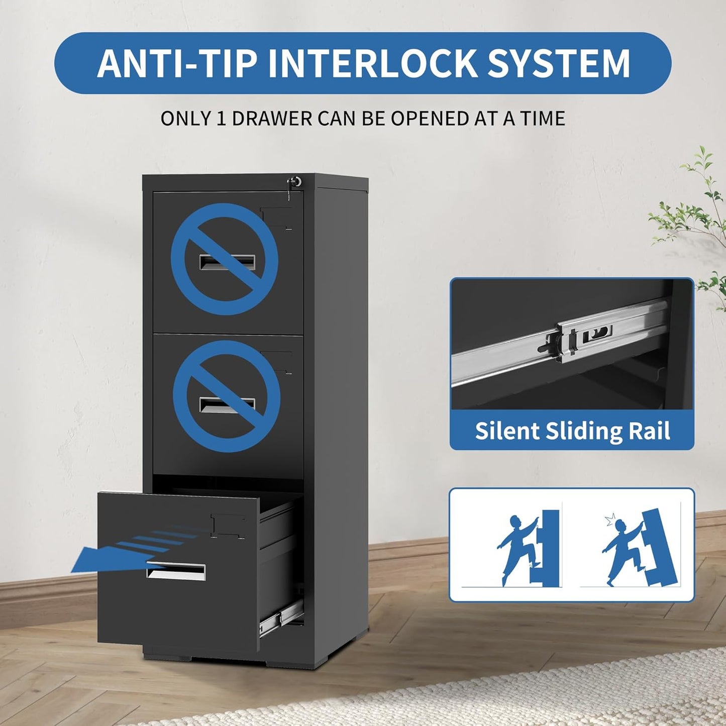 3 Drawer File Cabinet with Lock and Card Slot, Metal Vertical Filing Cabinets for Home Office, Steel Storage Cabinet for Hanging Legal/Letter Size Files, Assembly Required (Black)