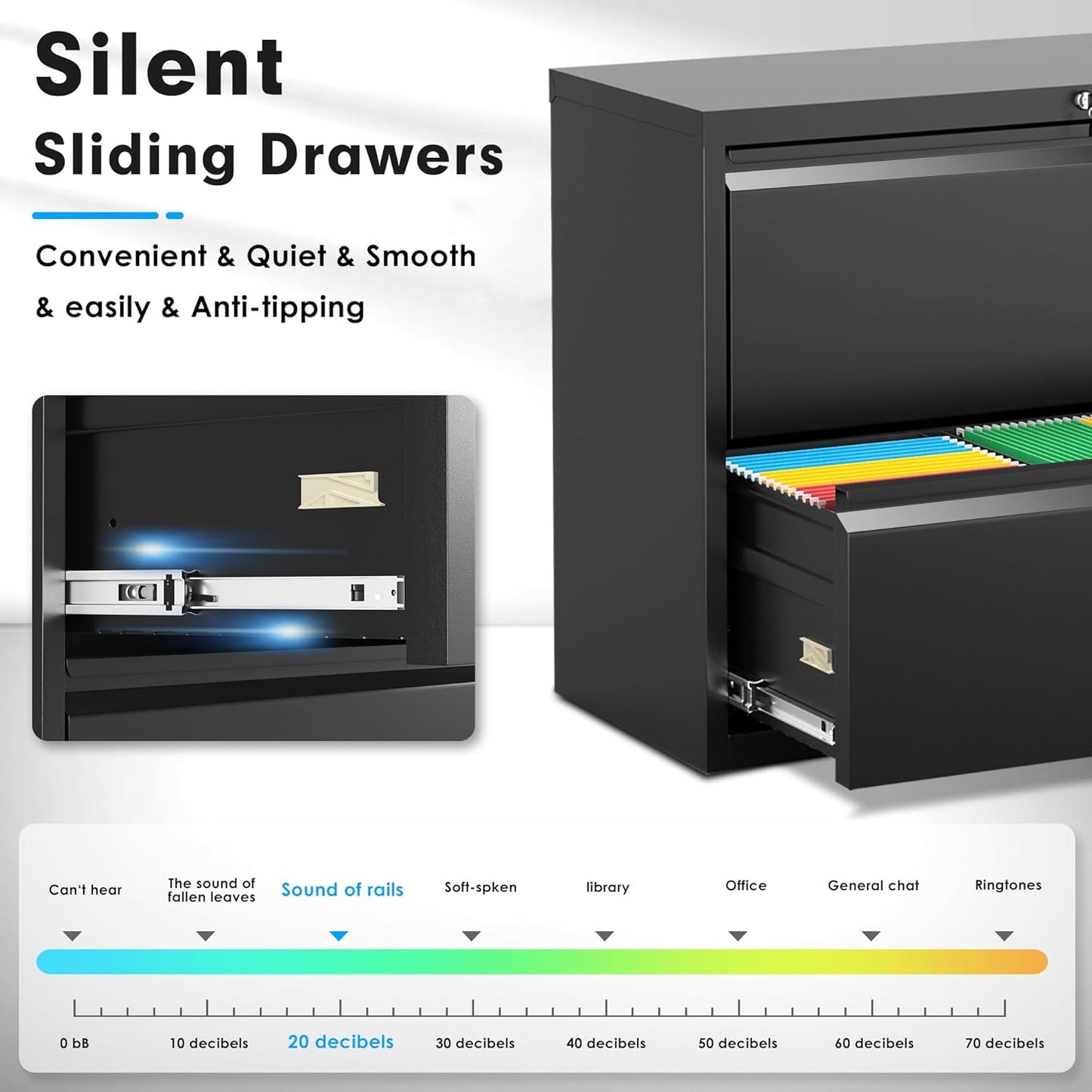 Pataku Lateral File Cabinet, 2 Drawer File Cabinet with Lock, Black Filing Cabinets for Home Office, Metal File Cabinet for Hanging Files/Letters/Legal/F4/A4(Black)