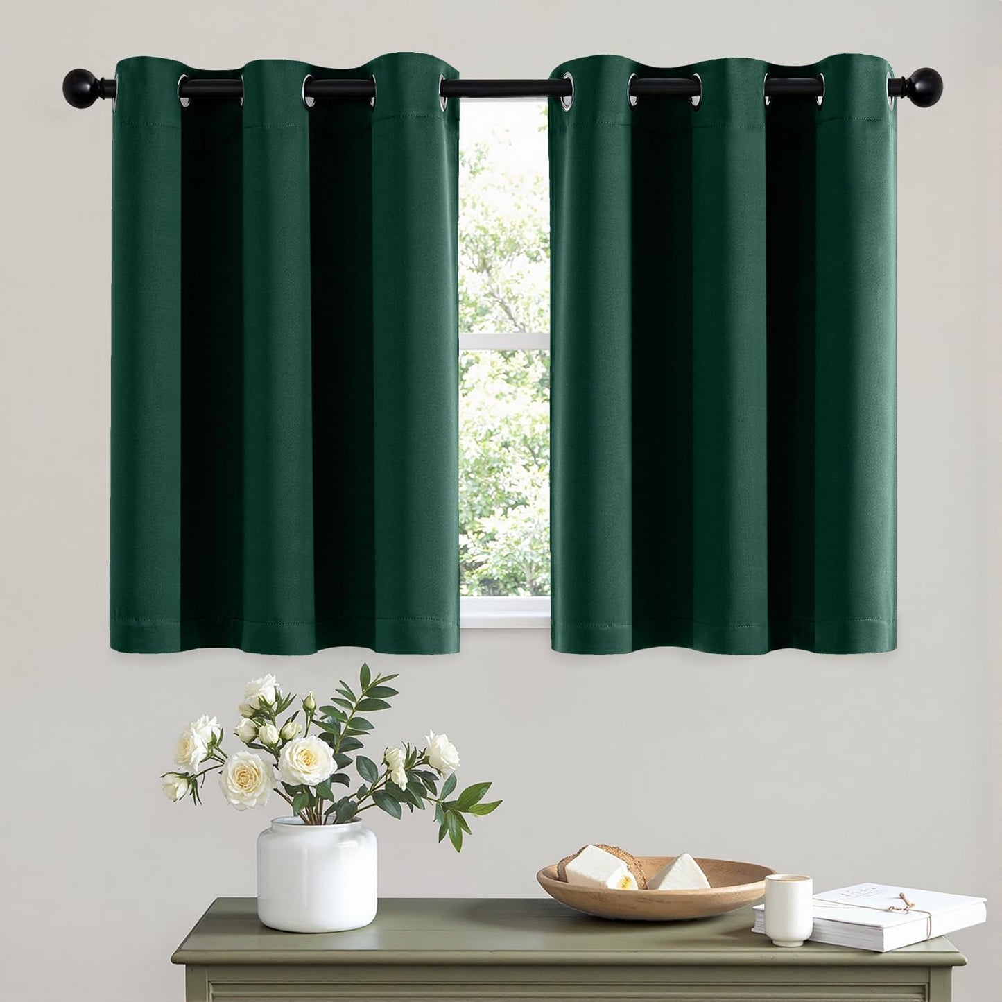MIULEE Short Curtains for Windows - Hunter Green Blackout Half Window Curtains Thermal Insulated Privacy Drapes for Kitchen Bedroom Bathroom Grommet Top Small Basement Tiers W40 x L36 Inch 2 Panels