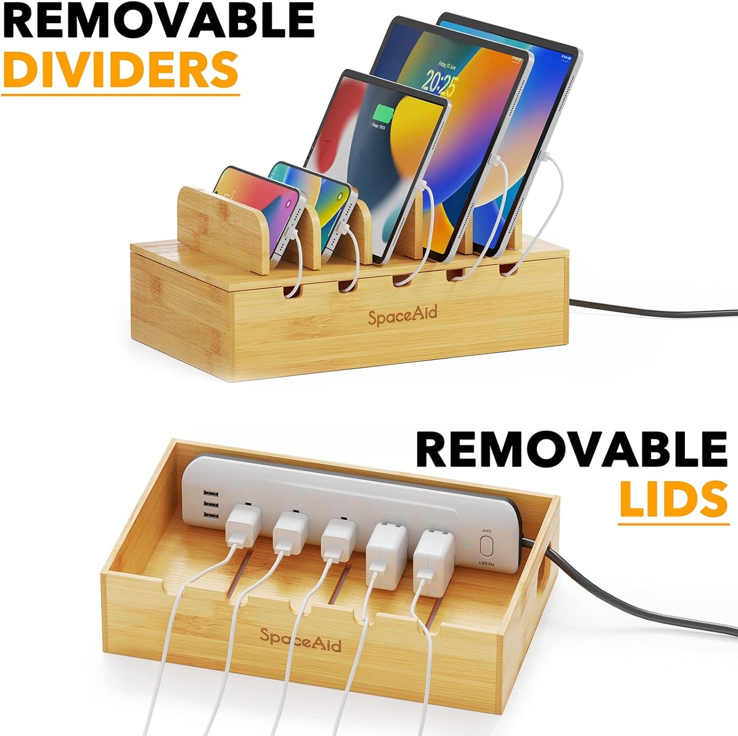 SpaceAid Bamboo Charging Station for Multiple Devices, Cell Phone Docking Stations for Multi Laptop, Tablets and iPads, Nightstand Bedside Desk Device Charger Organizer (Natural)
