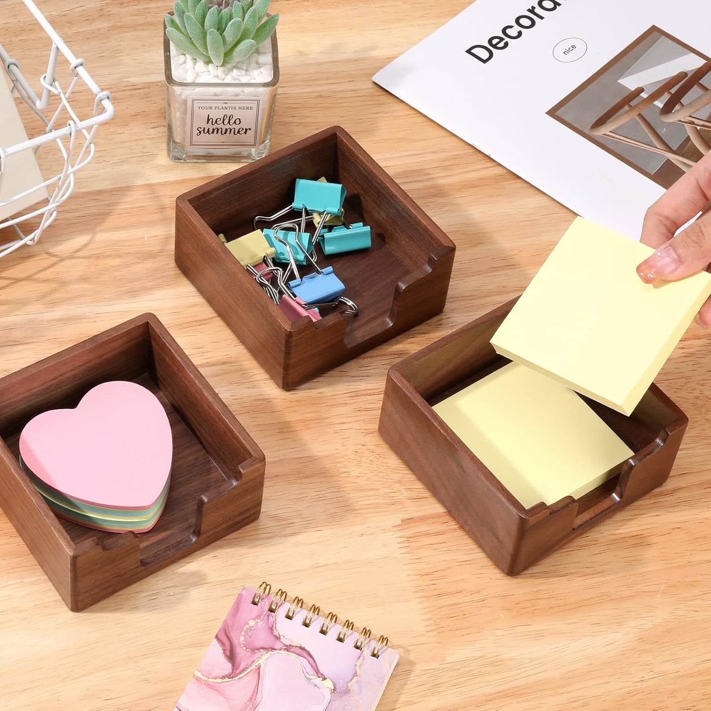 Bamber Sticky Note Holder Cute for Desk Walnut Wood Notepad Holder Organizer for Office School Home, Pack of 2