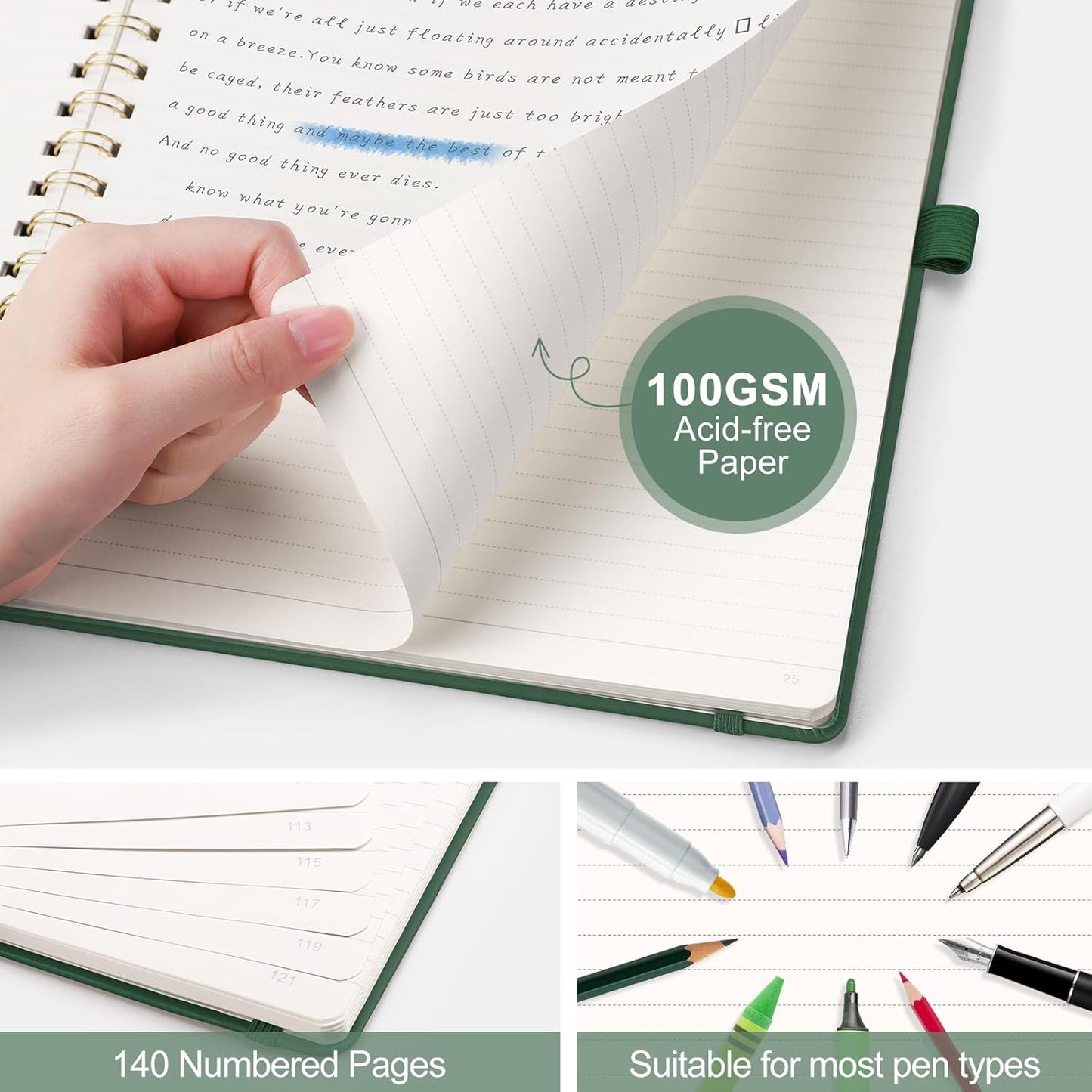 AHGXG Lined Spiral Journal Notebook, B5 Large Notebooks for Women Men, 140 Pages Hardcover Leather Notebook College Ruled, 100 GSM Paper, Notebooks for Work School Note Taking, 7.6" x 10", Green