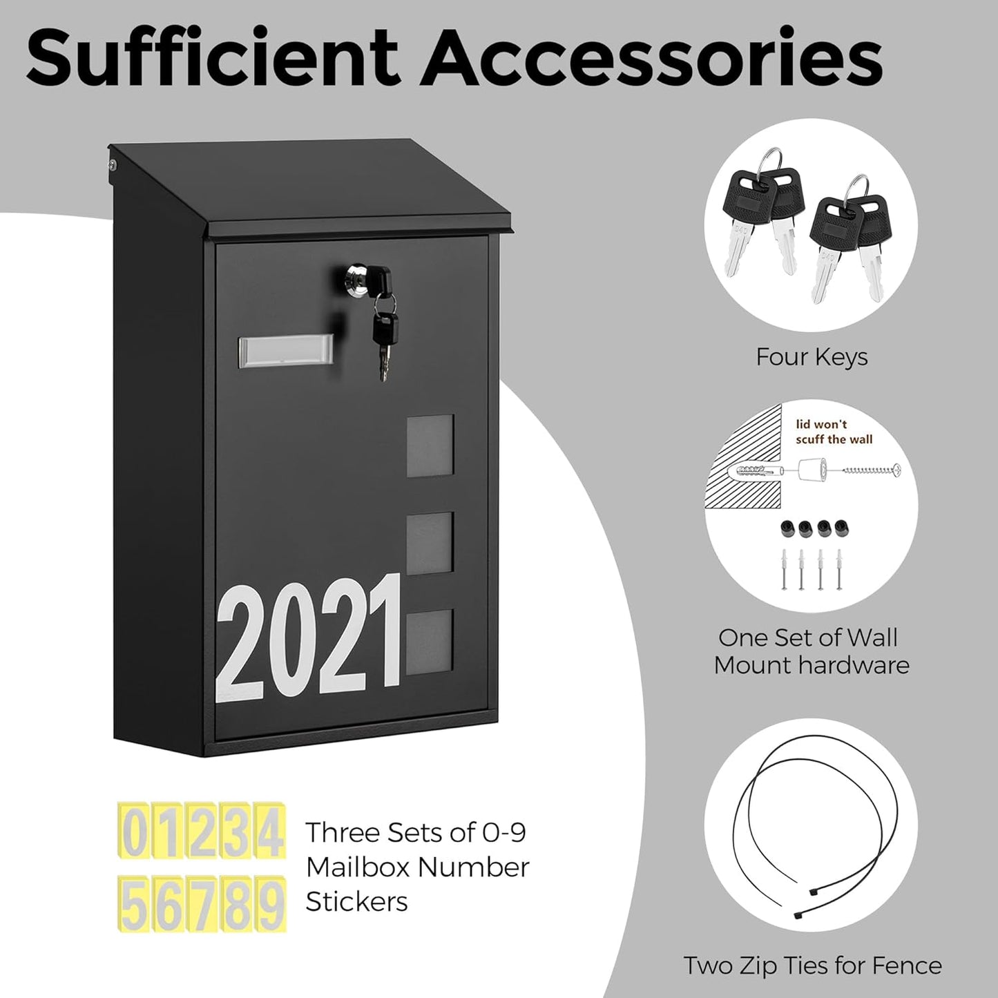 LAND·VOI Wall Mounted Mailbox with 4 Keys, Post Box for Wall and Fence, Viewing Windows, Nameplate, 3.94 x 9.8 x 15.6 Inches, Large Capacity, Includes Mailbox Numbers, Matt Black, AMB31B