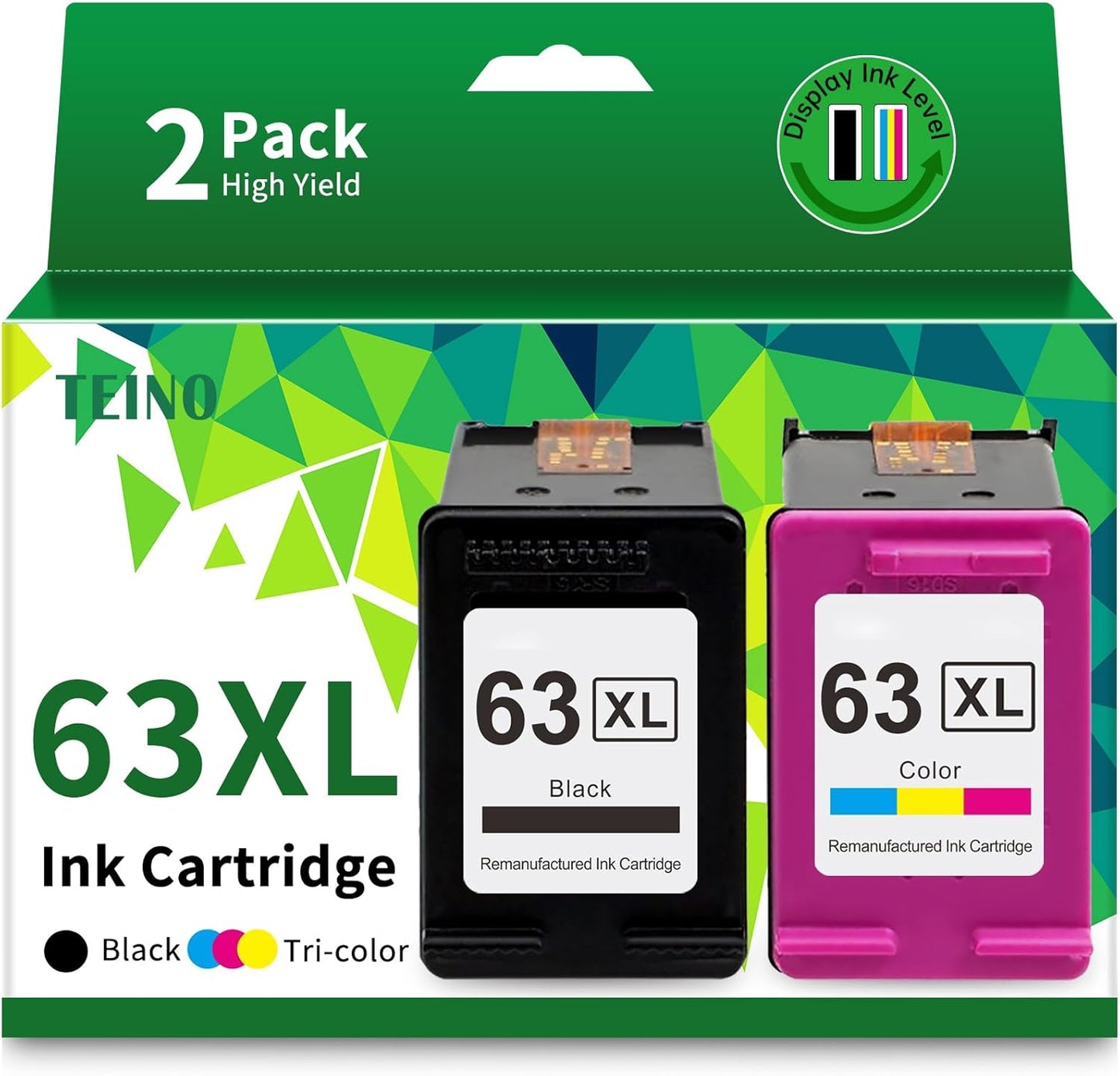 TEINO Remanufactured 63XL Ink Cartridge Replacement for HP OfficeJet 3830 4650 5255 5258 4655 4652 3833 Envy 4520 4512 DeskJet 1112 3630, Black, Tri-color, 2-Pack