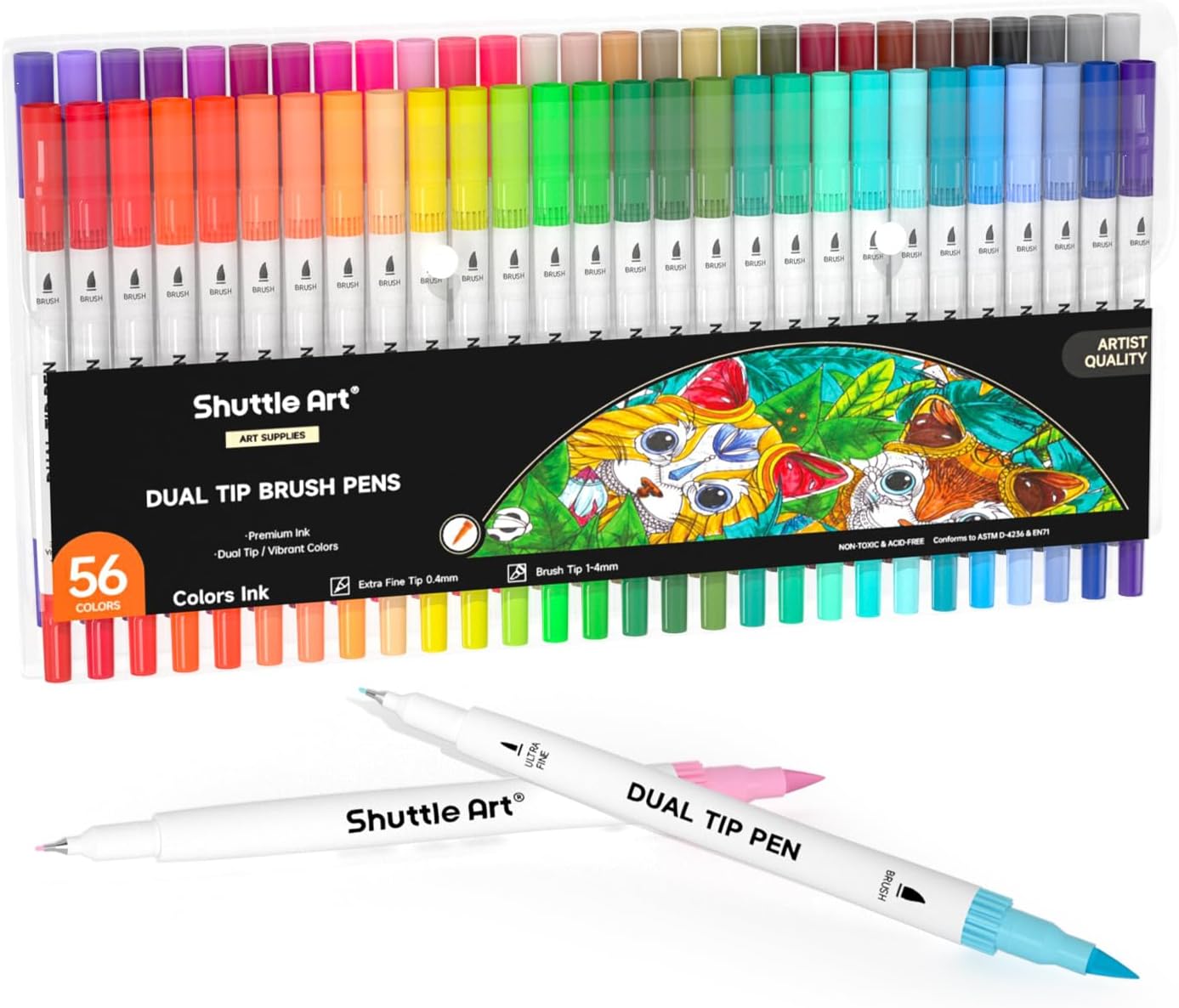 Shuttle Art Dual Brush Marker Pens, 56 Colors Water-based Ink, Dual Tip Calligraphy Pens Fineliner and Brush Tip perfect for Kids Adult Artist, Hand Lettering, Journal, Doodling, Writing