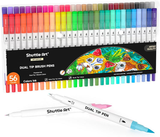 Shuttle Art Dual Brush Marker Pens, 56 Colors Water-based Ink, Dual Tip Calligraphy Pens Fineliner and Brush Tip perfect for Kids Adult Artist, Hand Lettering, Journal, Doodling, Writing