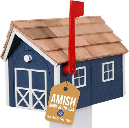 Peaceful Classics Amish Cedar Roof Wooden Mailbox with Window & Door Trim, Handcrafted Mailboxes for Outside, Post Mount Residential Mailboxes - (Navy with White Trim)