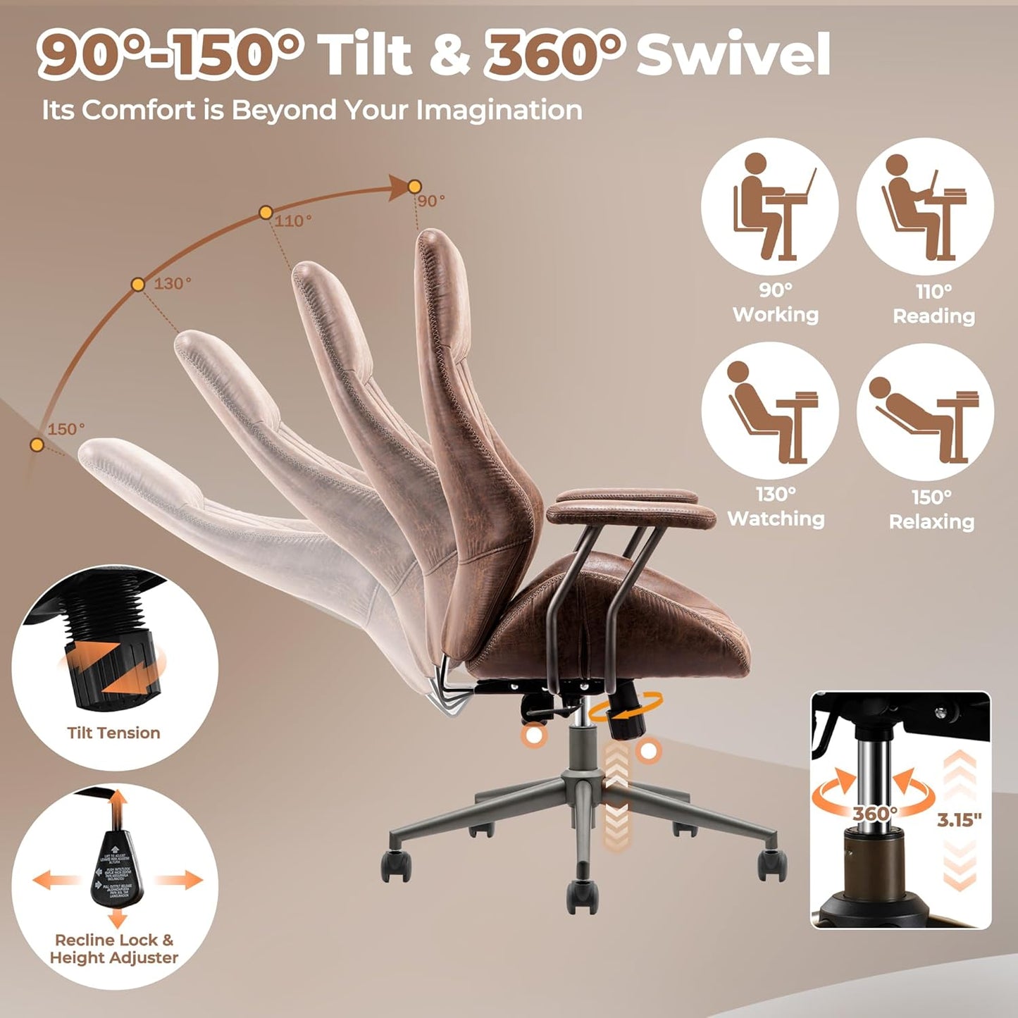 ovios Ergonomic Home Office Chair, Mid-Century Modern Faux Leather Chairs with Padded Armrests, Comfy High Back Swivel Rolling Executive Computer Armchair (Dark Brown, Suede Leather)