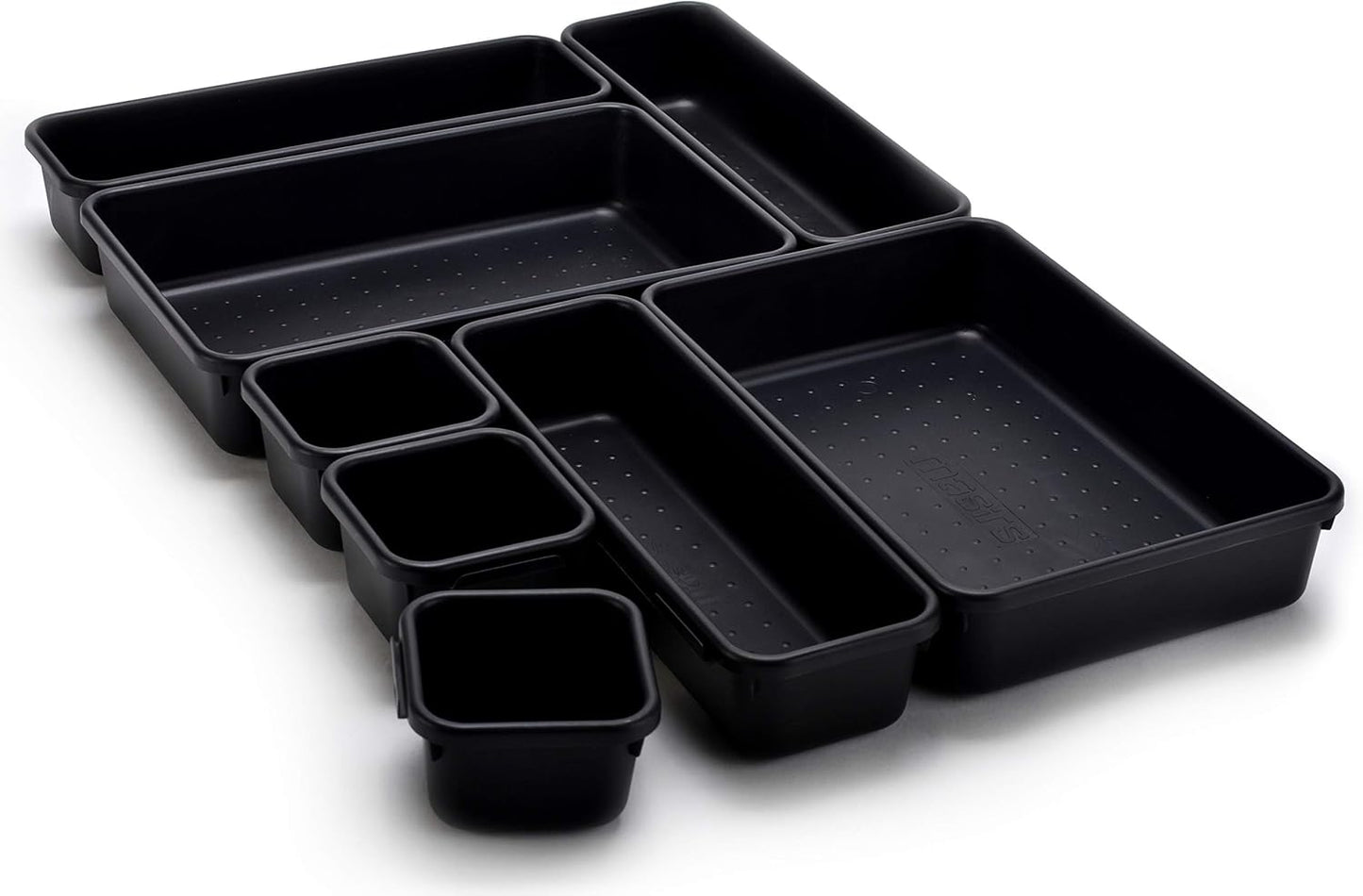 Masirs Interlocking Drawer Organizer Bins, Durable Plastic, Various Sizes for Custom Layout Design, Great for Desk Drawer, Tool Box or Garage Organization, (Black | 8-Piece Set)