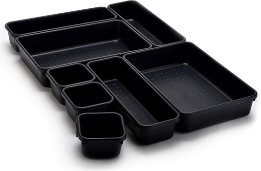 Masirs Interlocking Drawer Organizer Bins, Durable Plastic, Various Sizes for Custom Layout Design, Great for Desk Drawer, Tool Box or Garage Organization, (Black | 8-Piece Set)