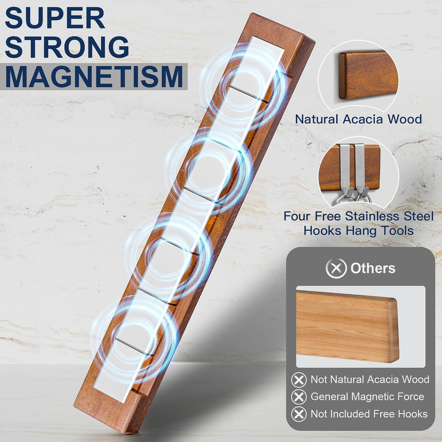 ENOKING Magnetic Knife Holder for Wall, Knife Magnetic Strip No Drilling 16 Inch, Powerful Kitchen Knife Magnetic Holder, Acacia Wood Knife Magnet for Kitchen Utensil Organizer with 4 Hooks