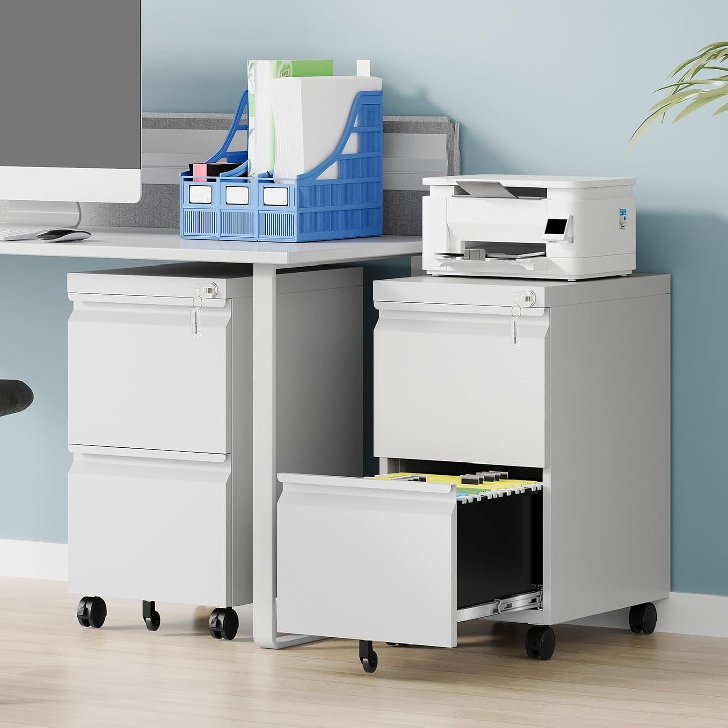 2 Drawer File Cabinet, Fully Assembled Mobile File Cabinets with Lock, Metal Rolling Filing Caninet on Wheels, Small Two Drawer Under Desk Cabnet for Letter/Legal / A4 / File Box - White