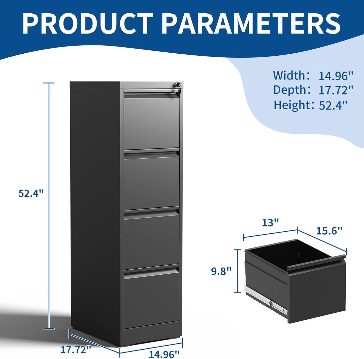 4-Drawer Locking Vertical File Cabinet, Metal Storage Cabinet for Office/Home – Secure Vertical Filing for Letter/Legal/A4/F4 Documents, Easy to Assemble Steel Cabinet (Black, 4 Drawer-52 H)