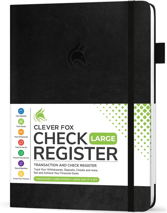 Clever Fox Check Register Book - Deluxe Transaction Register, Accounting Ledger Book, Checkbook Register & Checking Account Register Book for Personal and Work Use, Large Size, 7x10” - Black