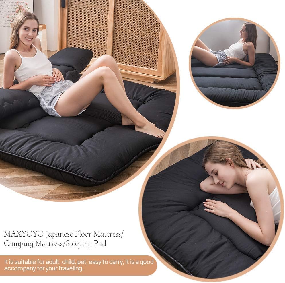 MAXYOYO Japanese Floor Mattress Futon Mattress, 4" Thicken Tatami Mat Sleeping Pad Foldable Roll Up Mat Boys Girls Dormitory Pad Kids Floor Lounger Pillow Bed, Black, Twin Size
