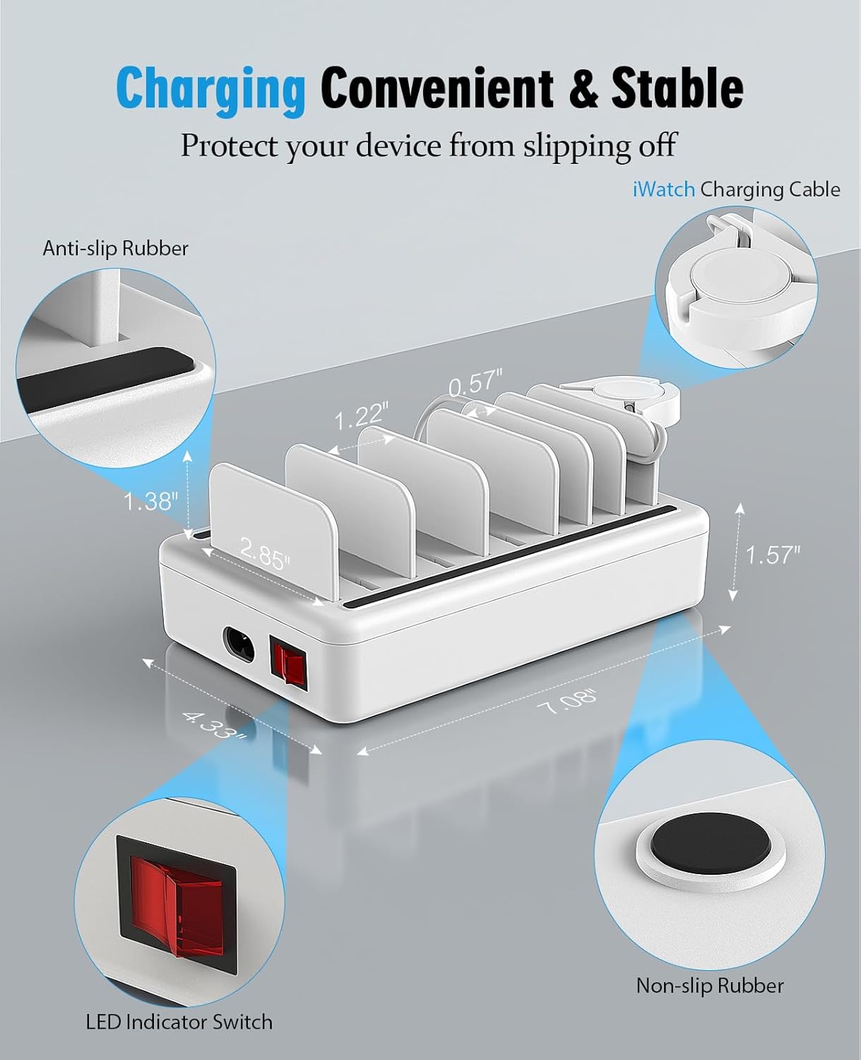 Charging Station Multiple Charger Station - 2025 New 6-Port USB Fast Charging Dock 50W Organizer Station with Watch Charger for iPhone|Android Cell Phone|iPad|Kindle|Watch|Tablet