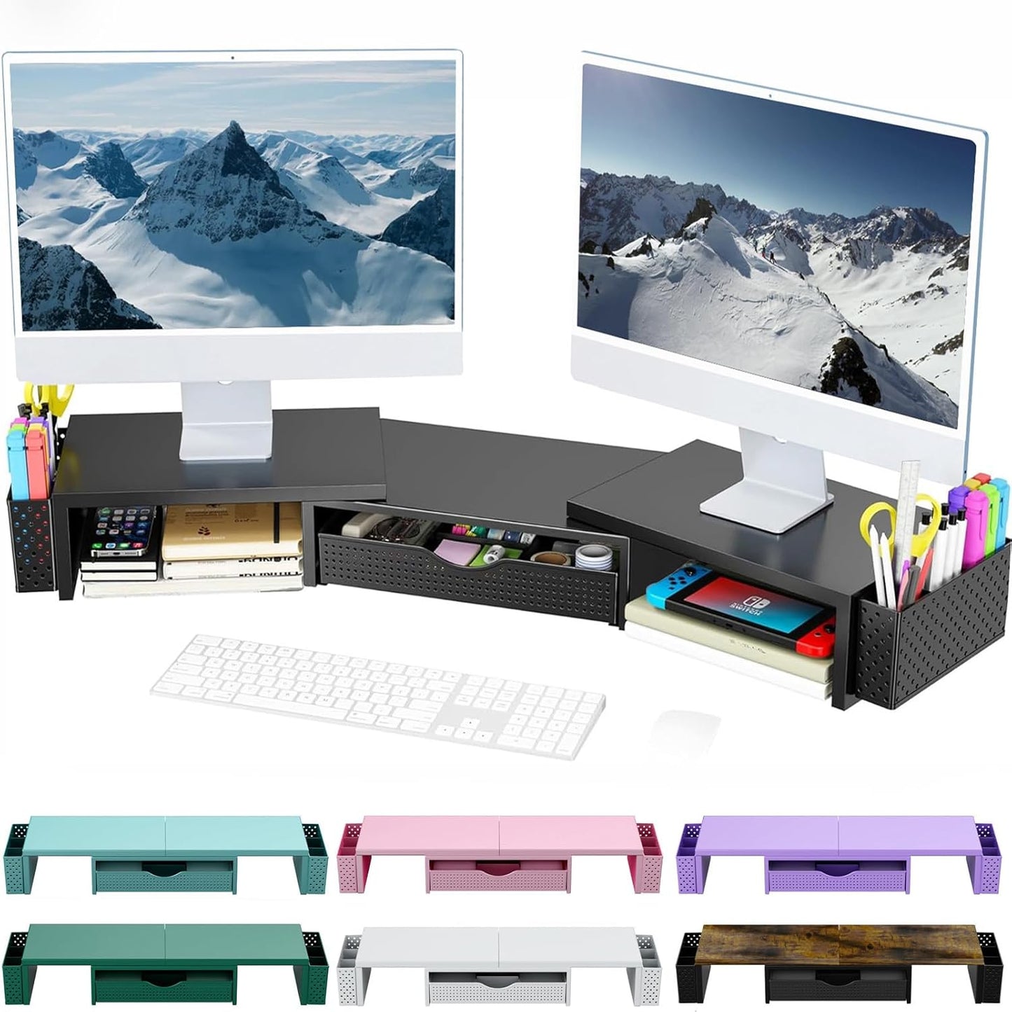 Spacrea Metal Desk Organizers and Accessories, Dual Monitor Stand Riser with Drawer and 2 Pen Holders, Desk Accessories & Workspace Desktop Organizers for Office Supplies (Black)